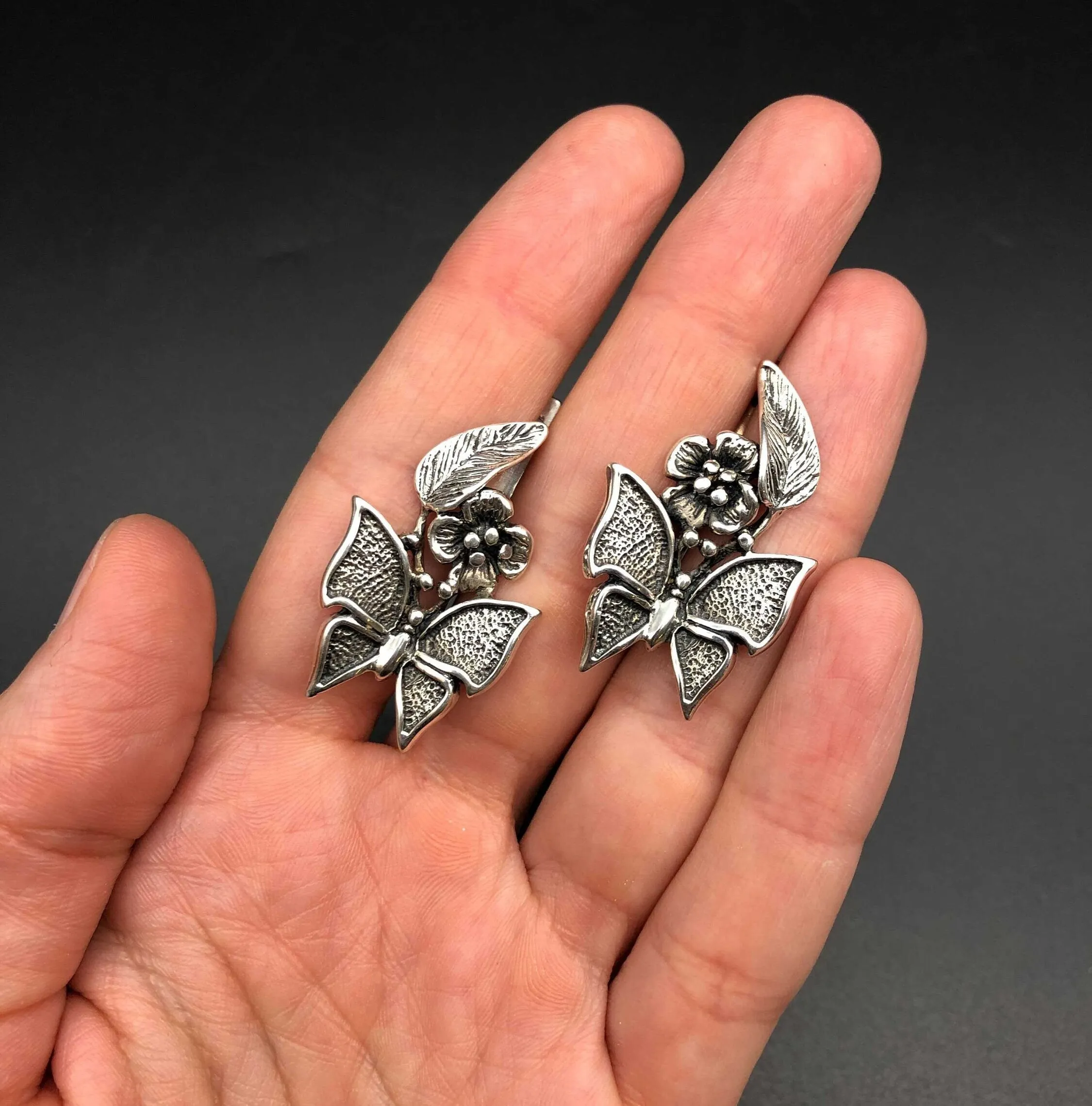 Large Butterfly Earrings - Floral Butterfly Silver Earrings - Vintage Butterfly Studs