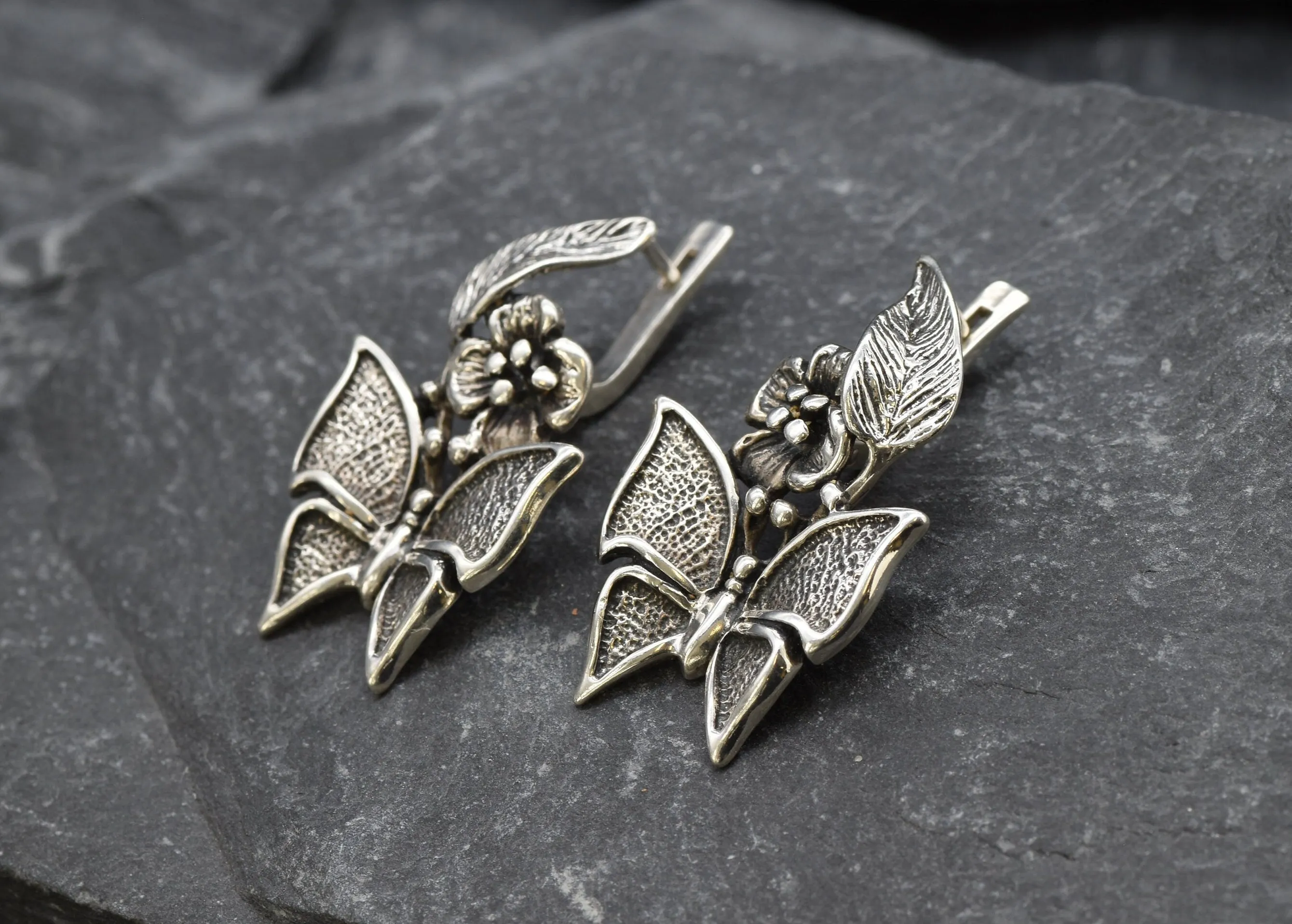 Large Butterfly Earrings - Floral Butterfly Silver Earrings - Vintage Butterfly Studs