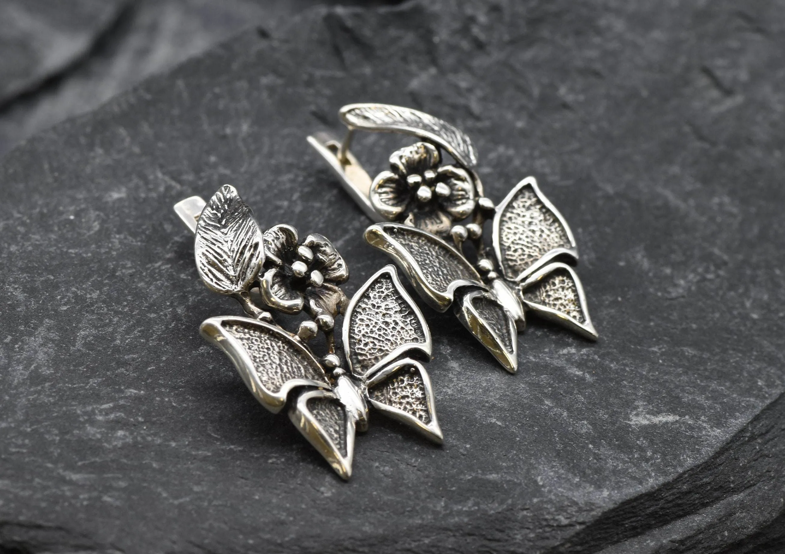 Large Butterfly Earrings - Floral Butterfly Silver Earrings - Vintage Butterfly Studs