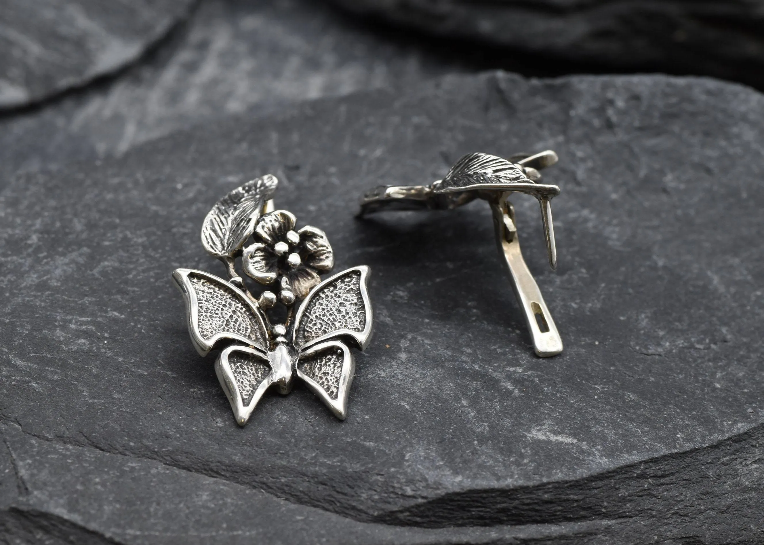 Large Butterfly Earrings - Floral Butterfly Silver Earrings - Vintage Butterfly Studs