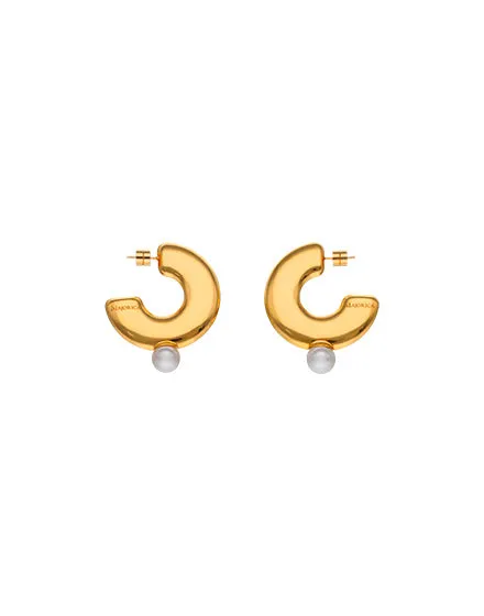 Large Gold plated steel hoop earrings with post clasp for men and women made with simulated organic pearls. Round white pearl 10mm, JUNO Collection.