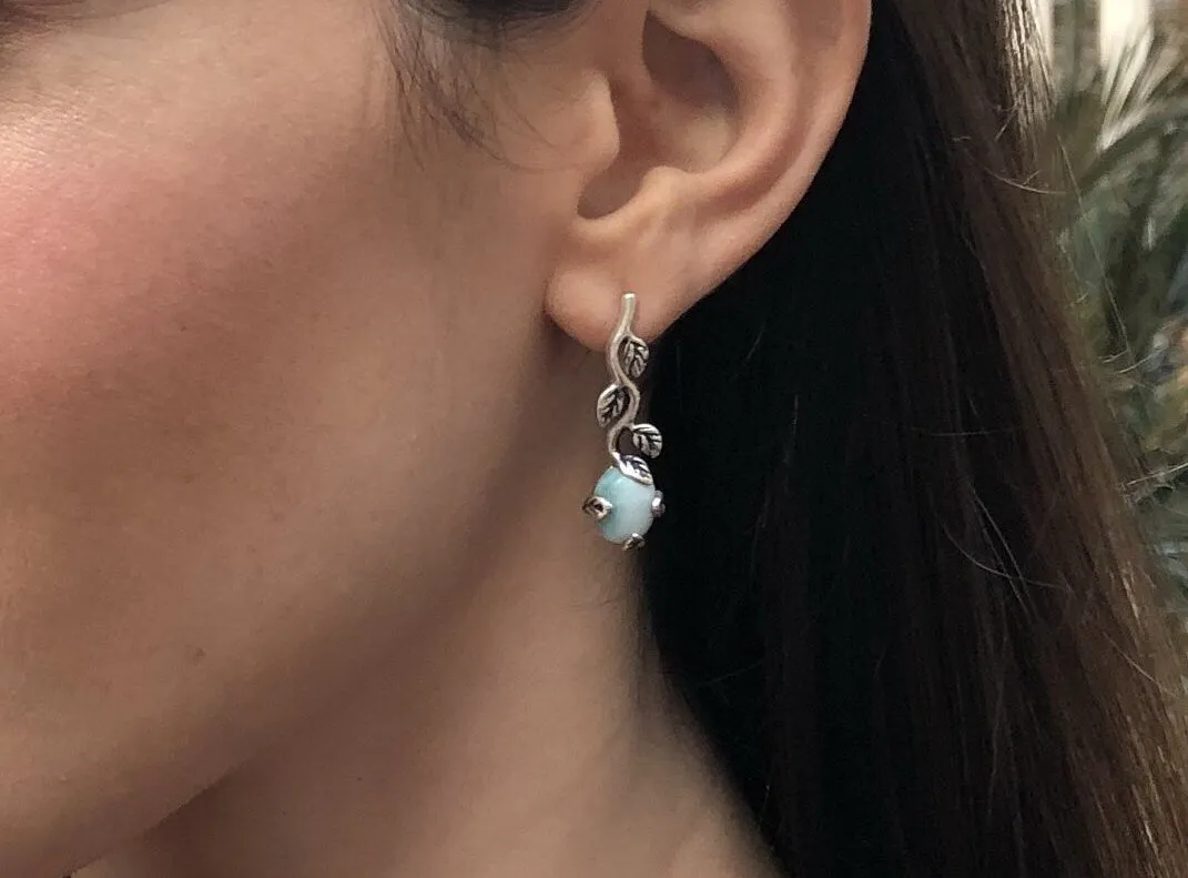 Leaf Larimar Earrings - Genuine Larimar Earrings  - Blue Boho Long Earrings