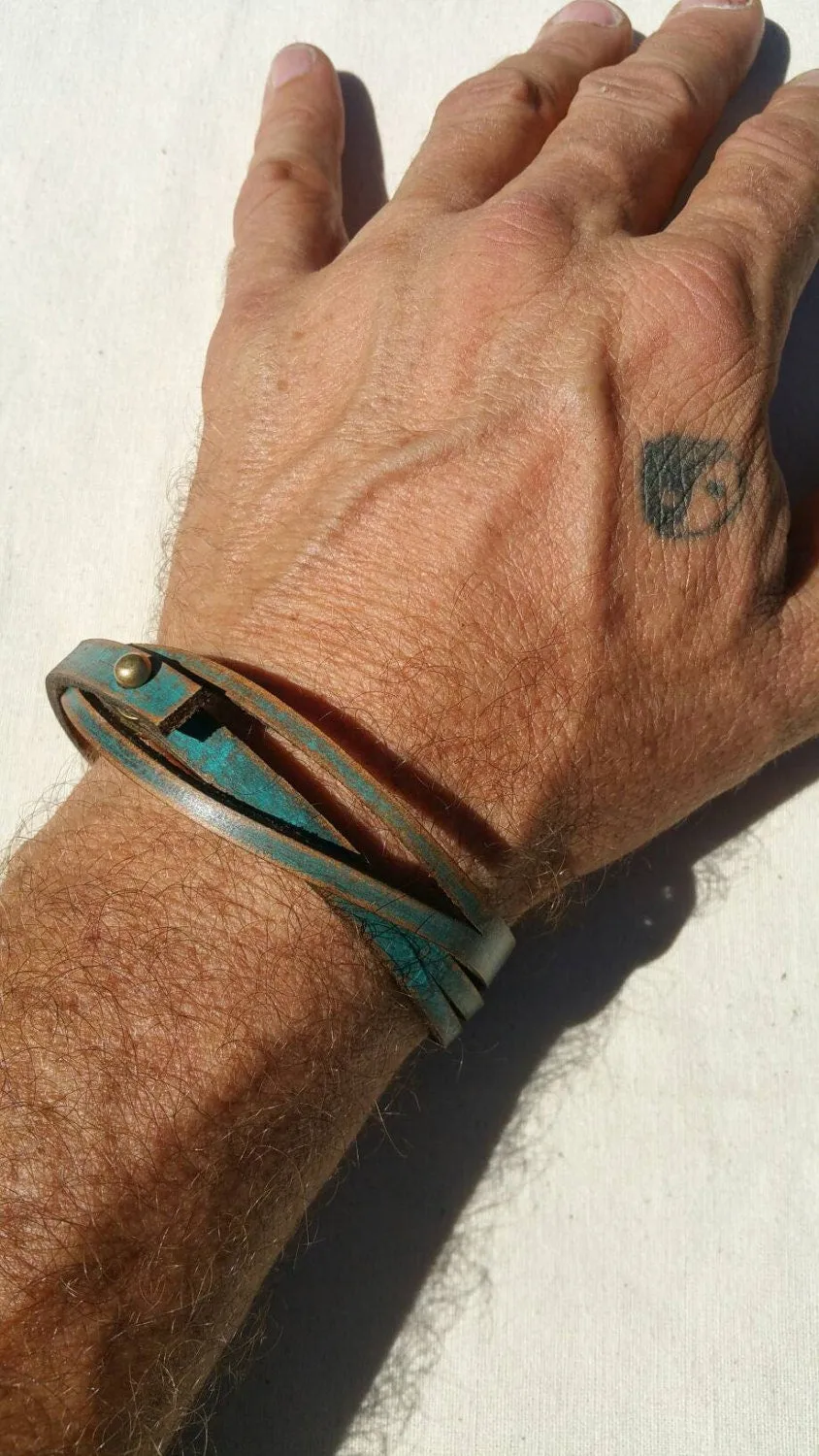 Leather Wrap Bracelet - Teal Color - Mens Gift - Friendship Jewelry - Ishaor