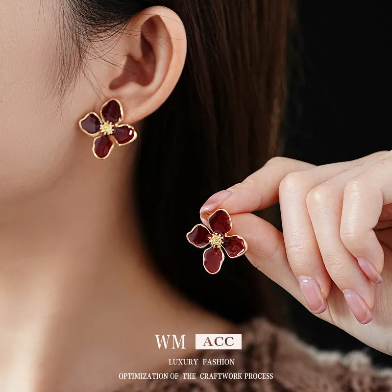 Luxurious Flower Flower Alloy Oil Dripping Earrings