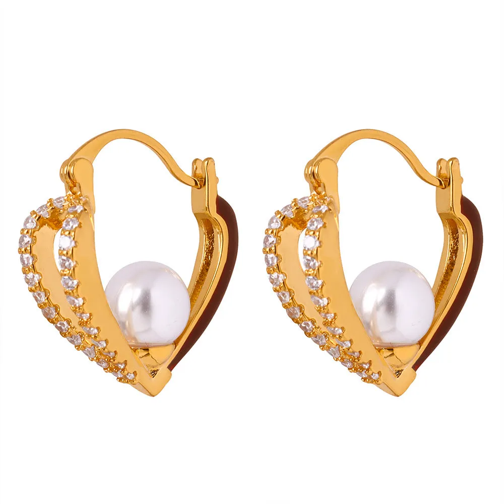 Luxurious French Palace Inspired Copper Earrings with Diamond and Pearl Accents