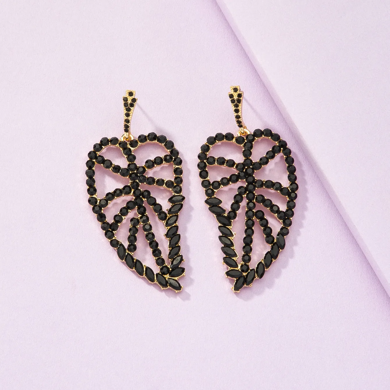 Luxurious Hollow Leaf Earrings with Encrusted Gems