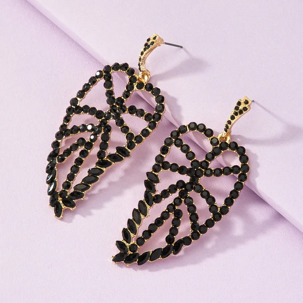 Luxurious Hollow Leaf Earrings with Encrusted Gems