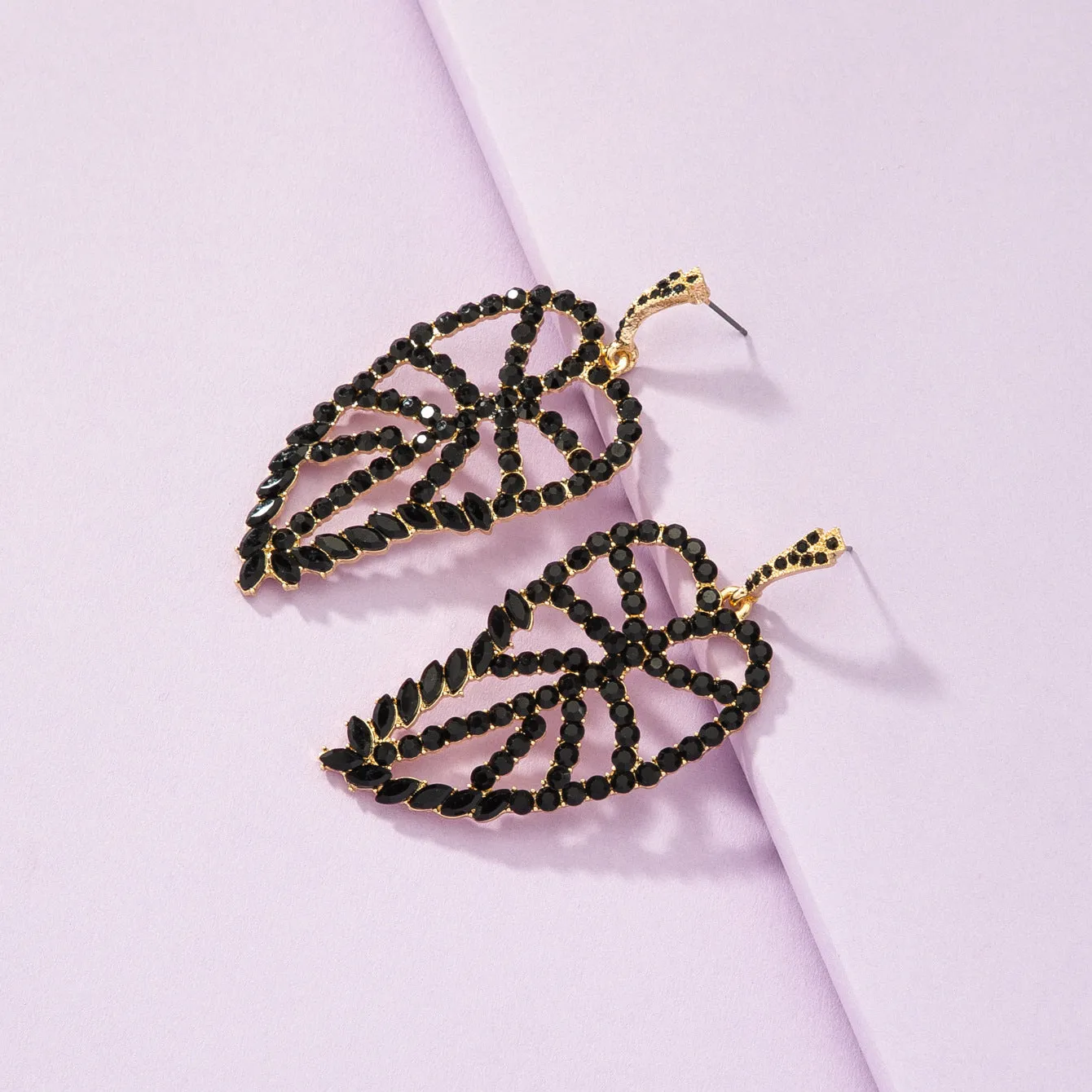 Luxurious Hollow Leaf Earrings with Encrusted Gems