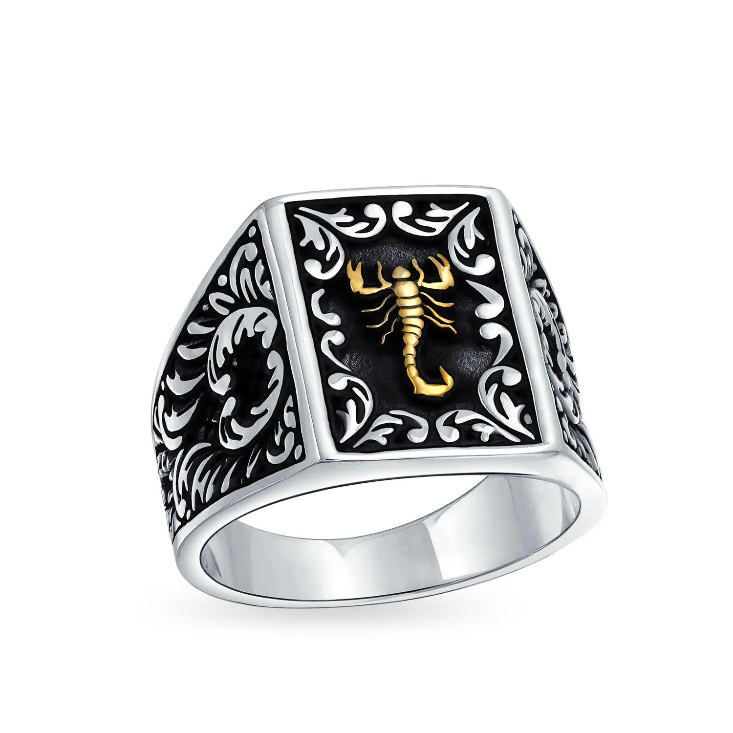 Mens Silver Ring Zodiac Scorpion Signet Statement Black Two Tone Brass Patina 925 Silver