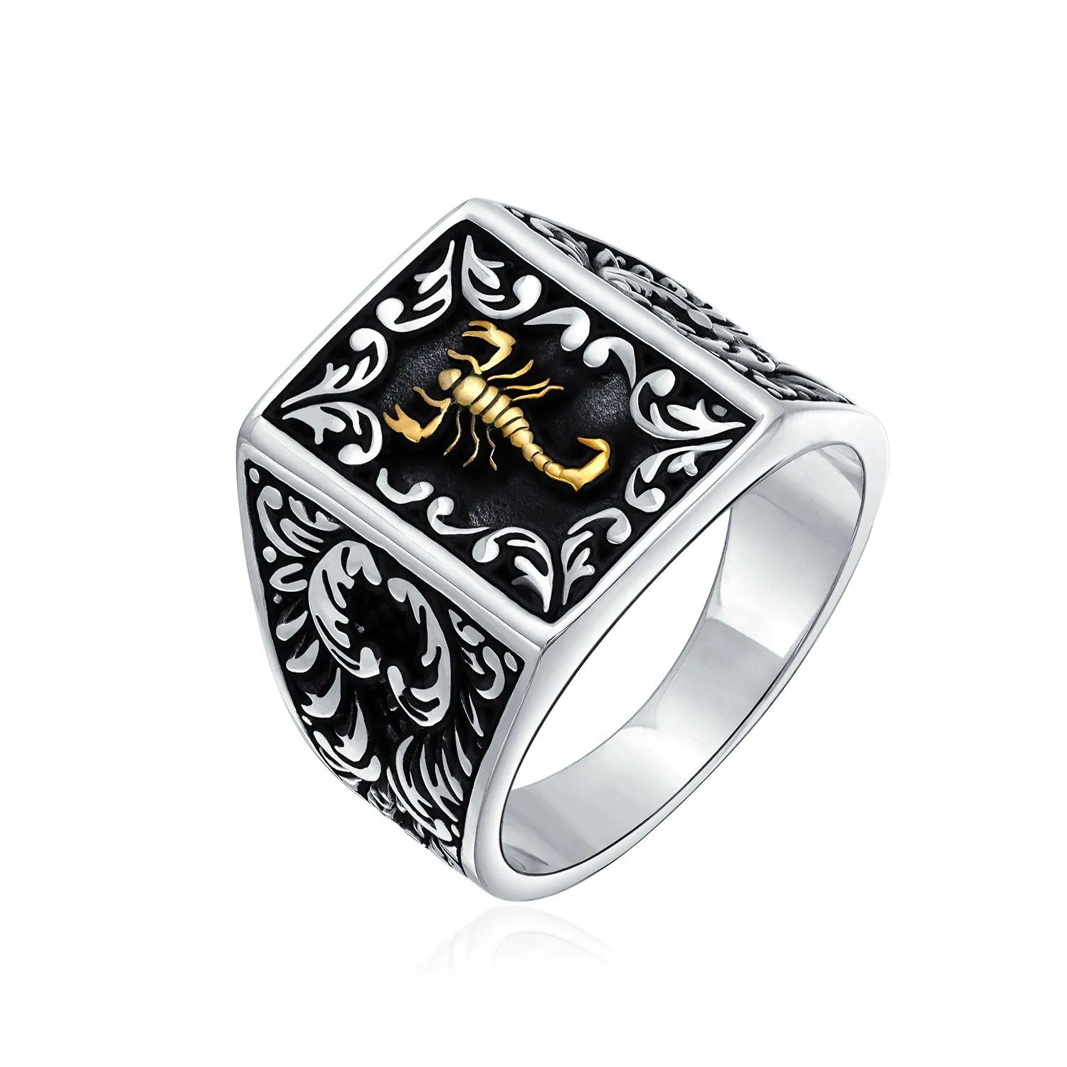 Mens Silver Ring Zodiac Scorpion Signet Statement Black Two Tone Brass Patina 925 Silver