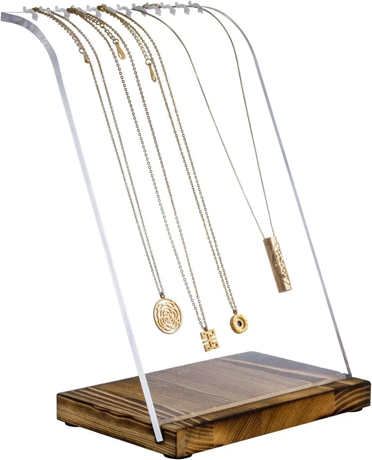 Multi Necklace Holder with Clear Acrylic Panel and Burnt Wood Base, Tabletop Jewelry Easel Stand Retail Display