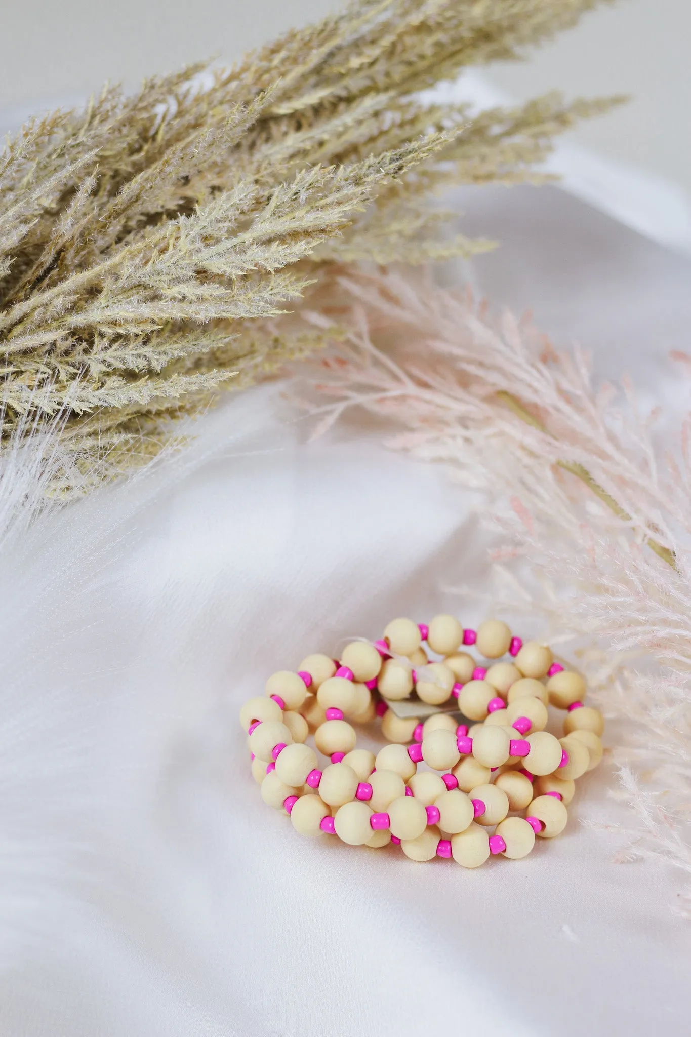 Natural Wood Beaded and Pink Seed Bead Set of 4 Stretch Bracelet