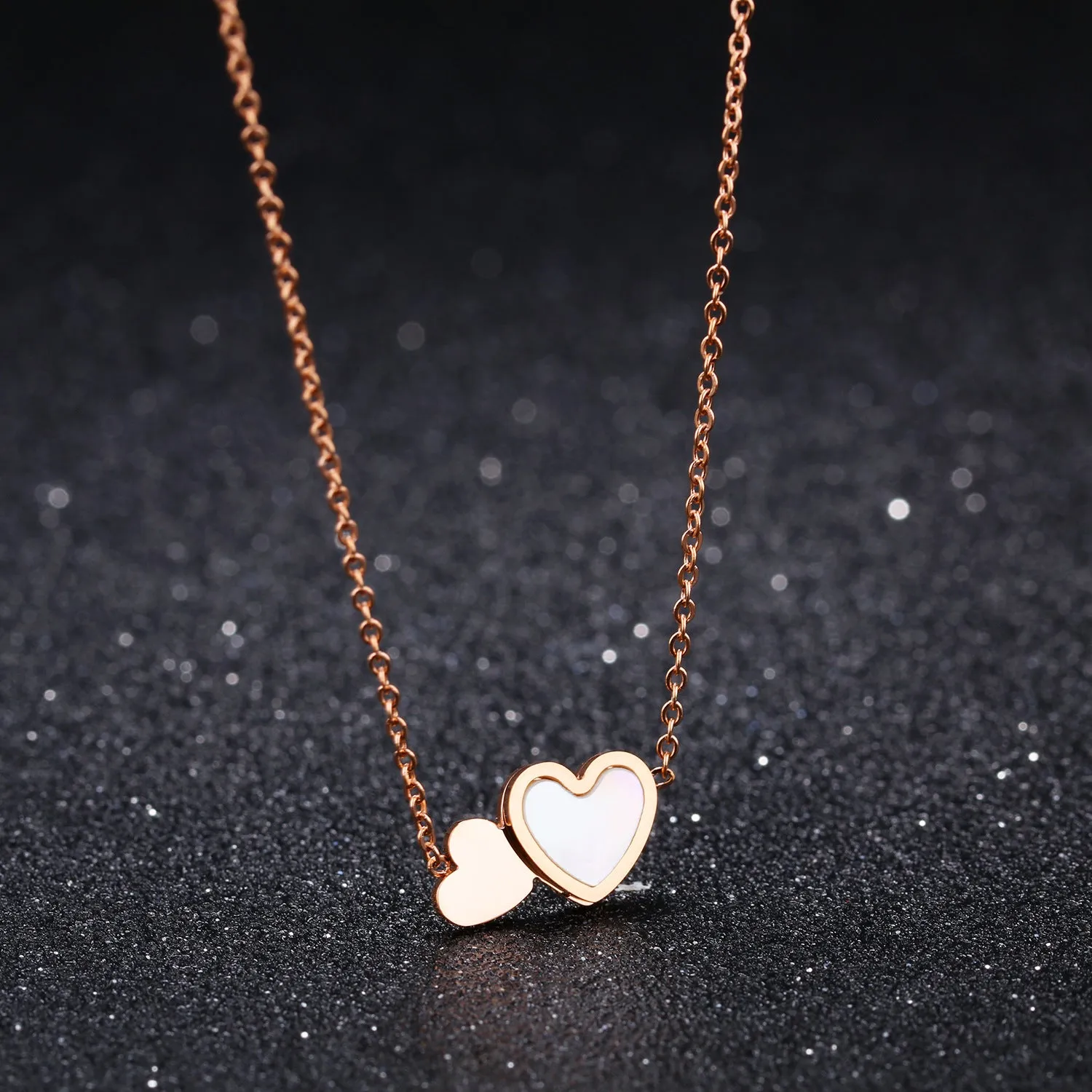 Necklace Fashion Double Love Heart Stainless Steel Plated Rose Gold Collarbone Necklace for Women