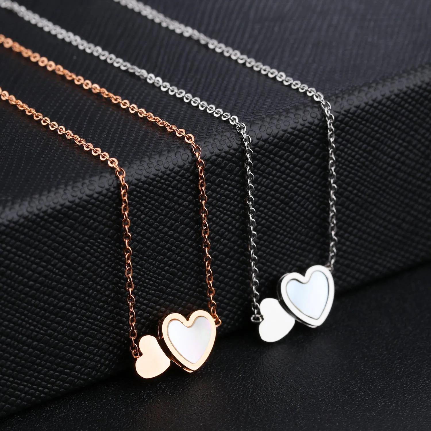 Necklace Fashion Double Love Heart Stainless Steel Plated Rose Gold Collarbone Necklace for Women