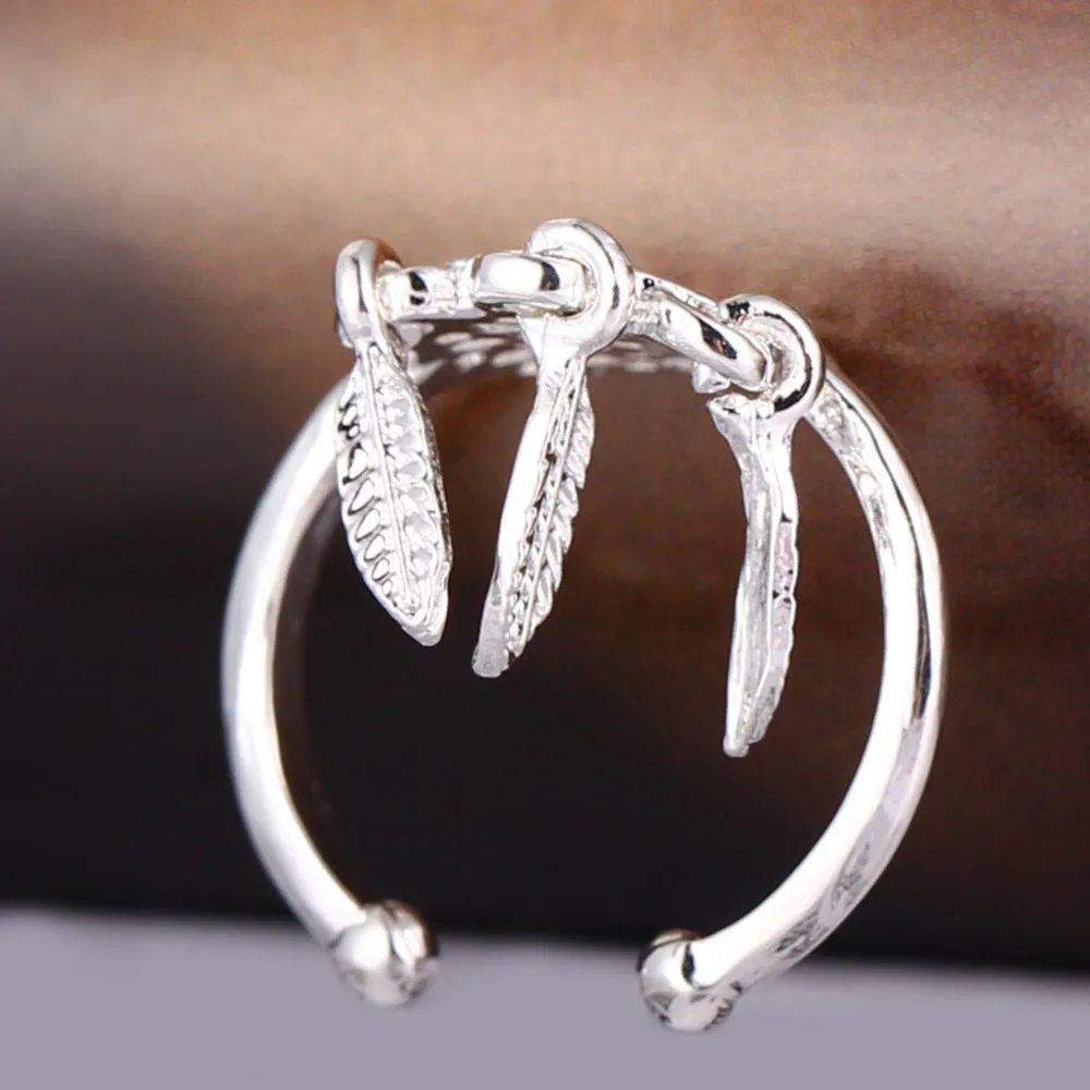 New Fashion Silver Color feather charm open-end dreamcatcher Rings For Women Dream Catcher Jewelry