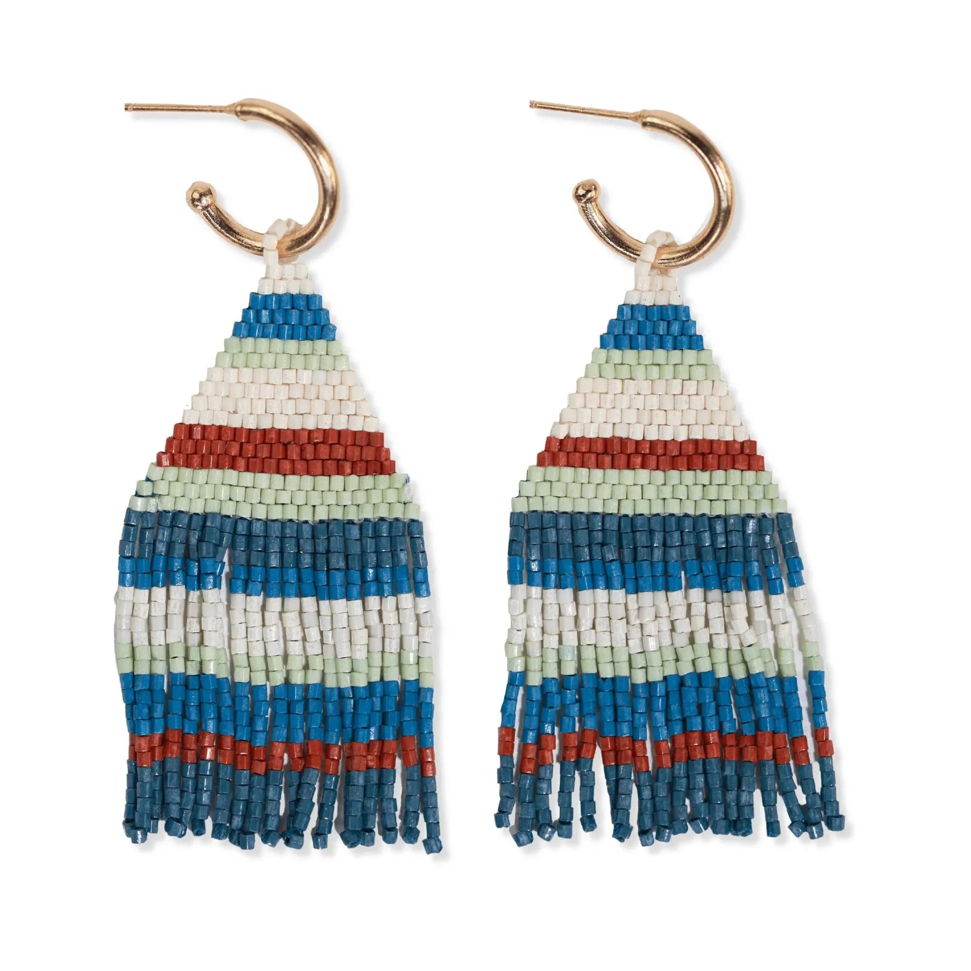 Nova Mini Gold Hoop Mixed Horizontal Stripes Beaded Fringe Earrings Teal