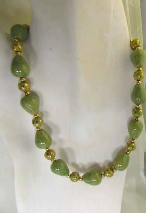 Peppermint Green and Gold Kazuri Necklace Fair Trade