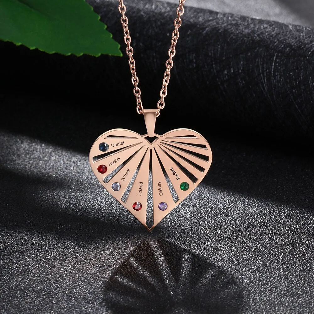 Personalized 6 Birthstones Necklaces for Women Custom Name Heart Stainless Steel Pendant