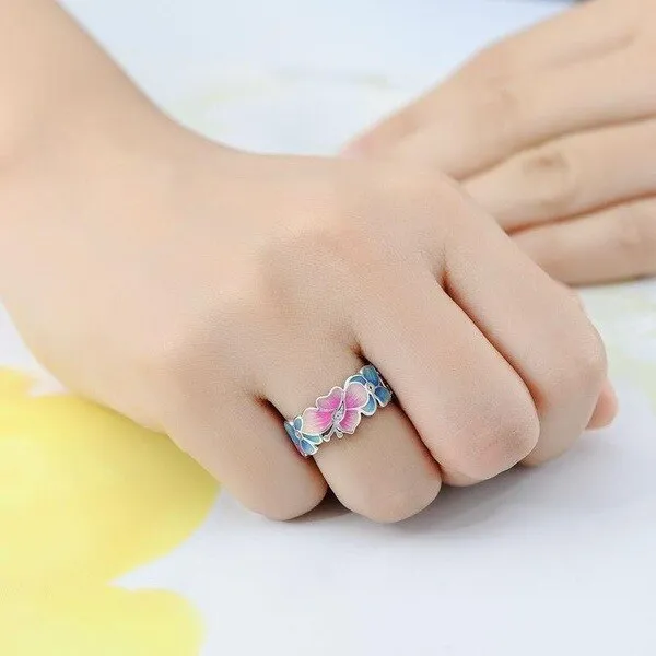 Pink Butterfly Blue Flower Enamel Ring for Women with Zircon in 925 Sterling Silver