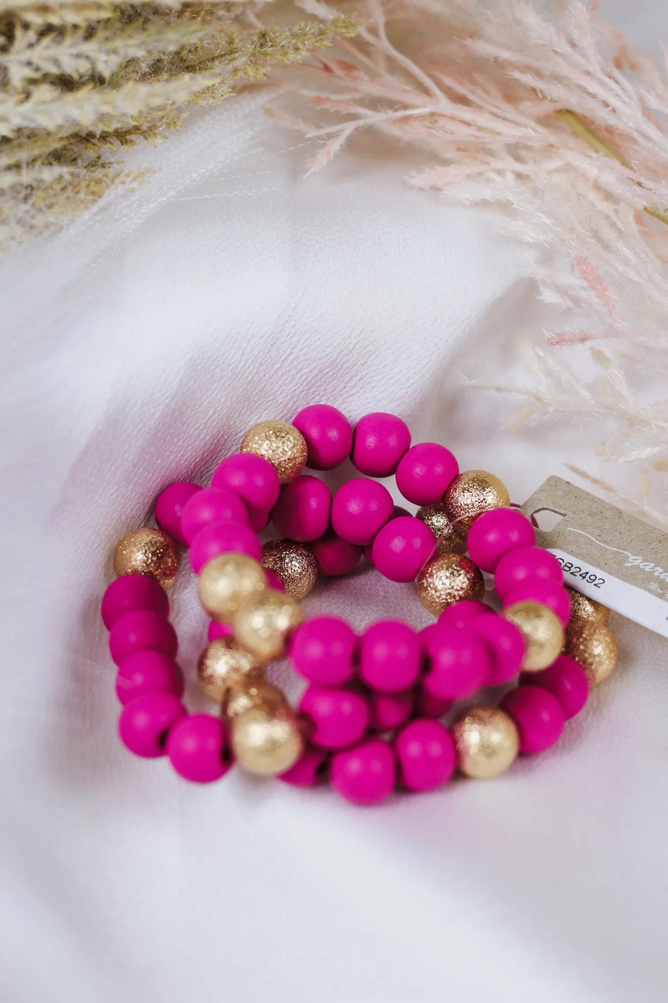 Pink Wood & Gold Beaded Bracelet Set