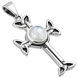 Rainbow Moonstone Trinity Knot Cross Silver Pendant