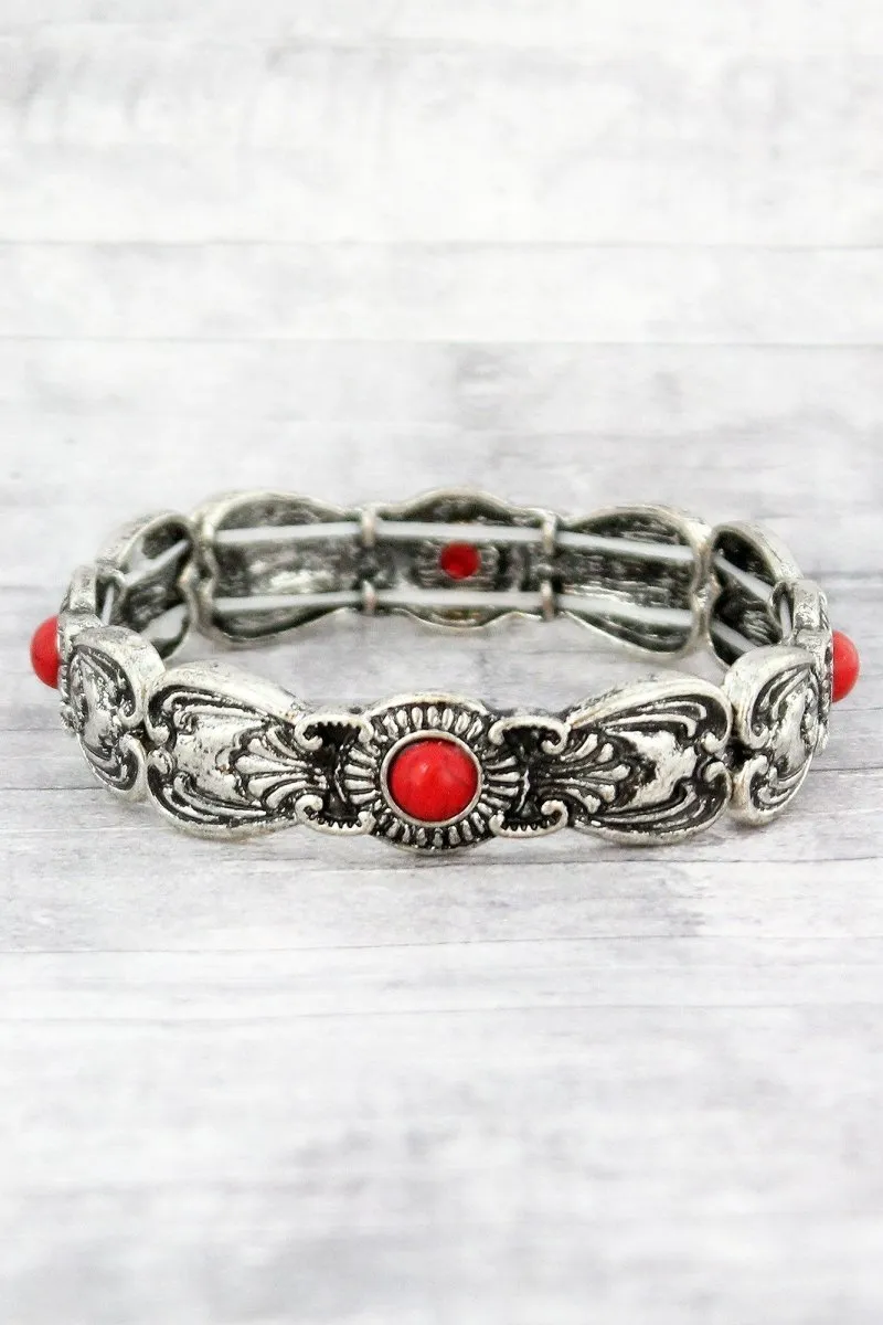 SALE! Burnished Silvertone and Coral Bead Flourish Spoon Stretch Bracelet