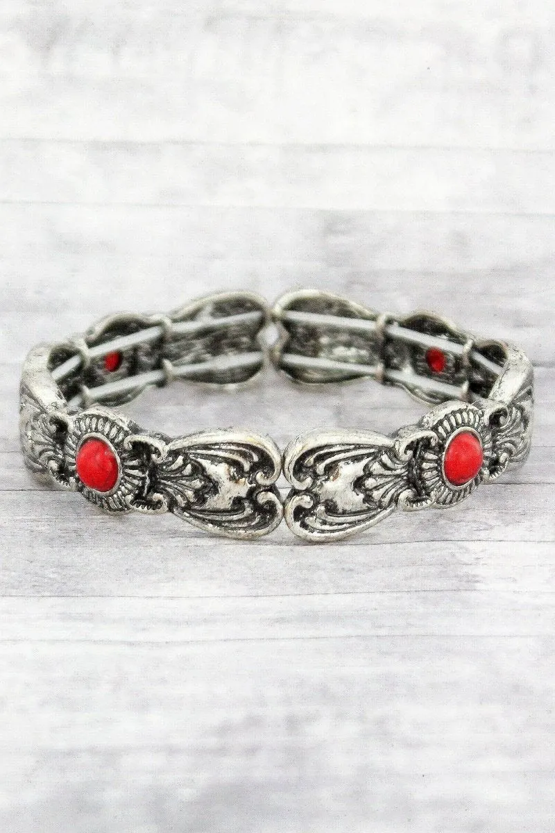 SALE! Burnished Silvertone and Coral Bead Flourish Spoon Stretch Bracelet