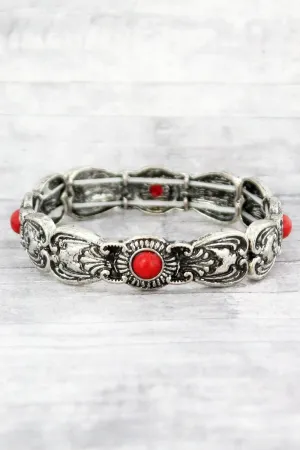 SALE! Burnished Silvertone and Coral Bead Flourish Spoon Stretch Bracelet