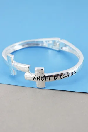 SALE! Hammered Silvertone Angel Blessing Double Cross Hinge Bracelet