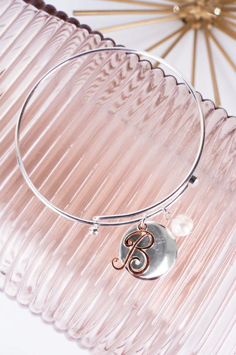 SALE! Silvertone and Rose Goldtone Monogram Initial 'B' Disk Charm Bangle