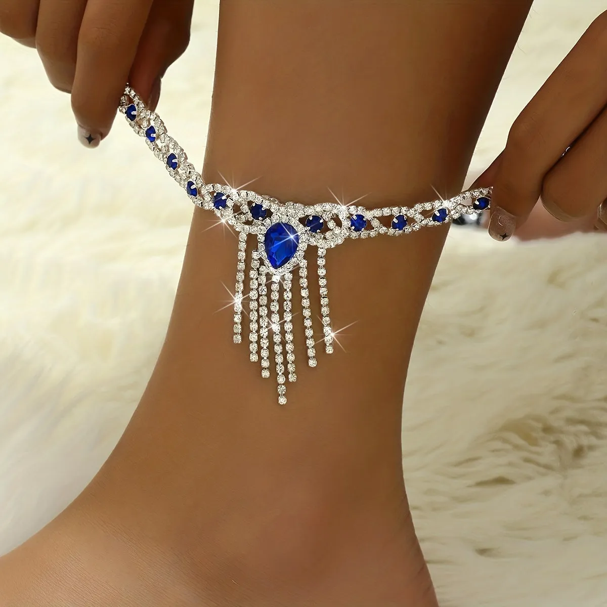 Shiny Rhinestone Tassel Anklet with Claw Chain  Bling Bling