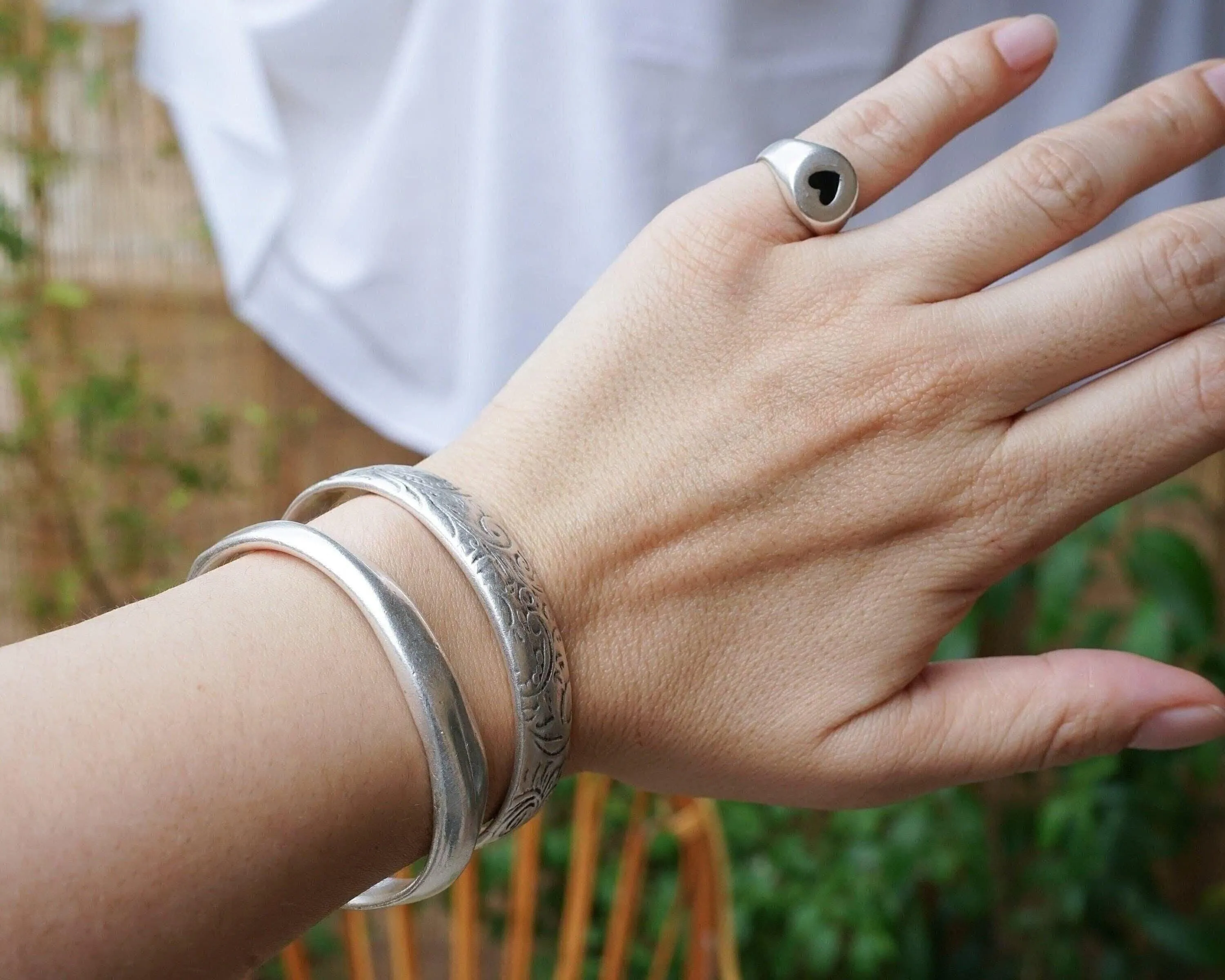 Silver Ethnic Tribal Cuff with Floral Pattern