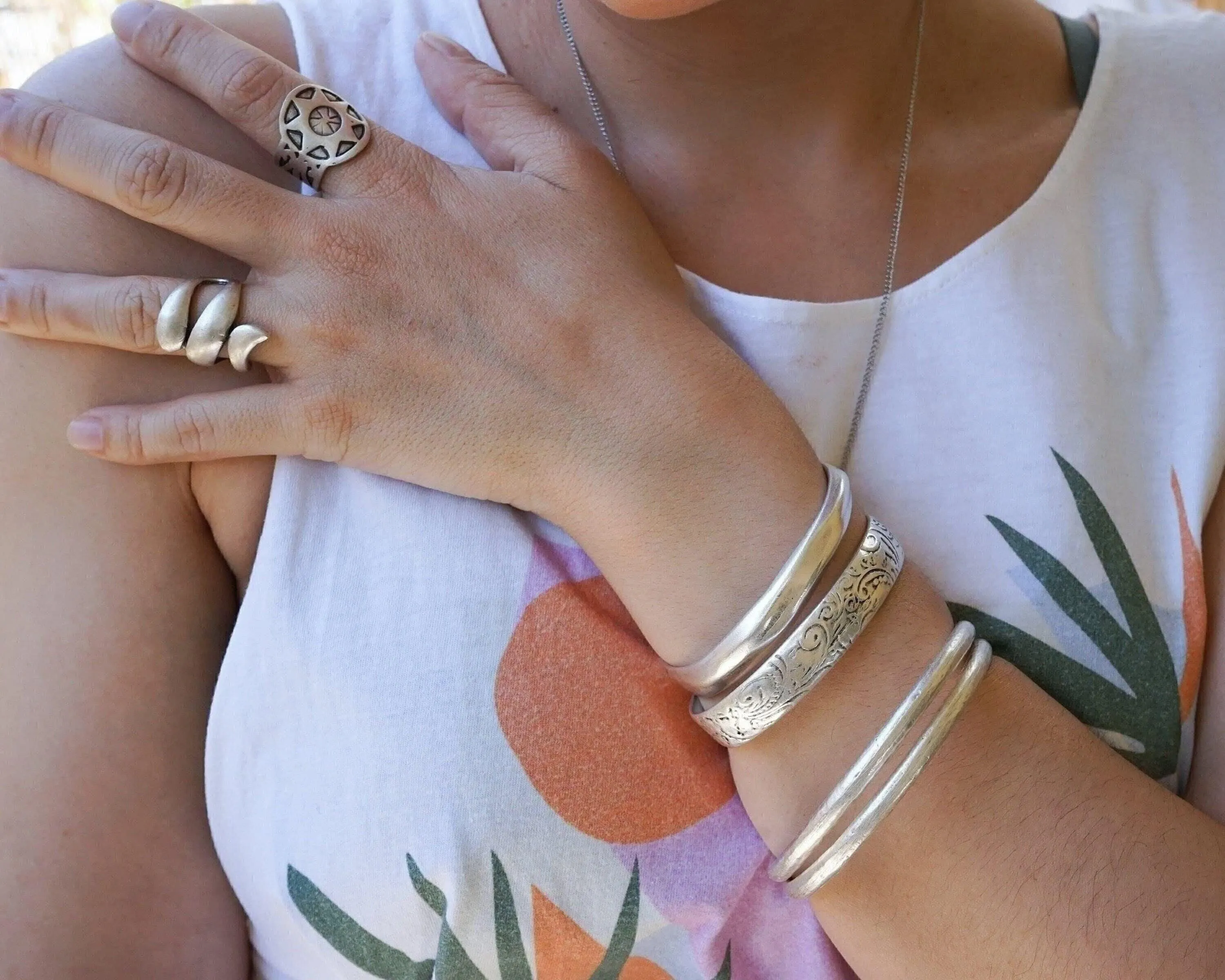 Silver Ethnic Tribal Cuff with Floral Pattern