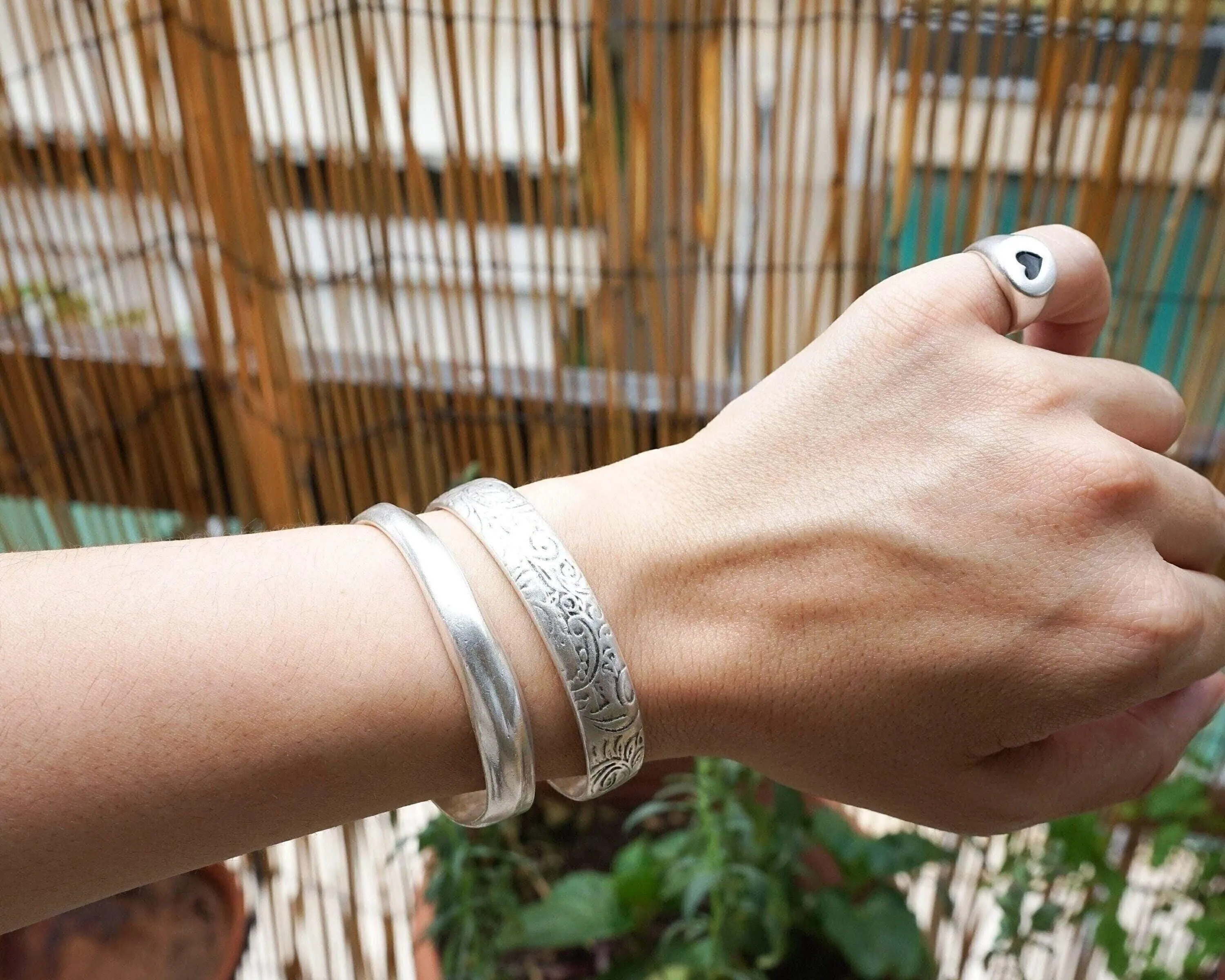 Silver Ethnic Tribal Cuff with Floral Pattern