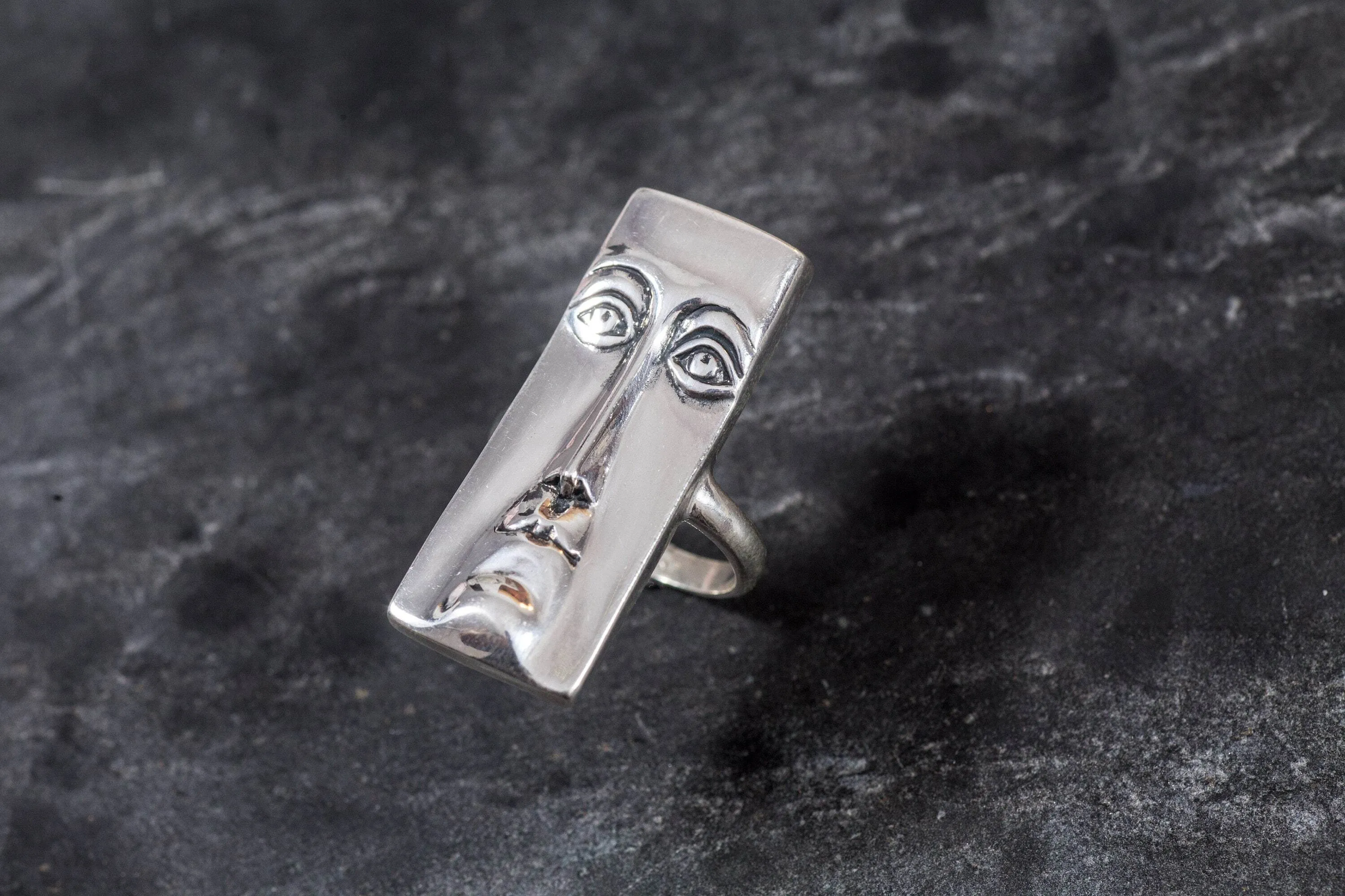 Silver Face Ring - Long Vintage Ring - Rectangle Statement Ring