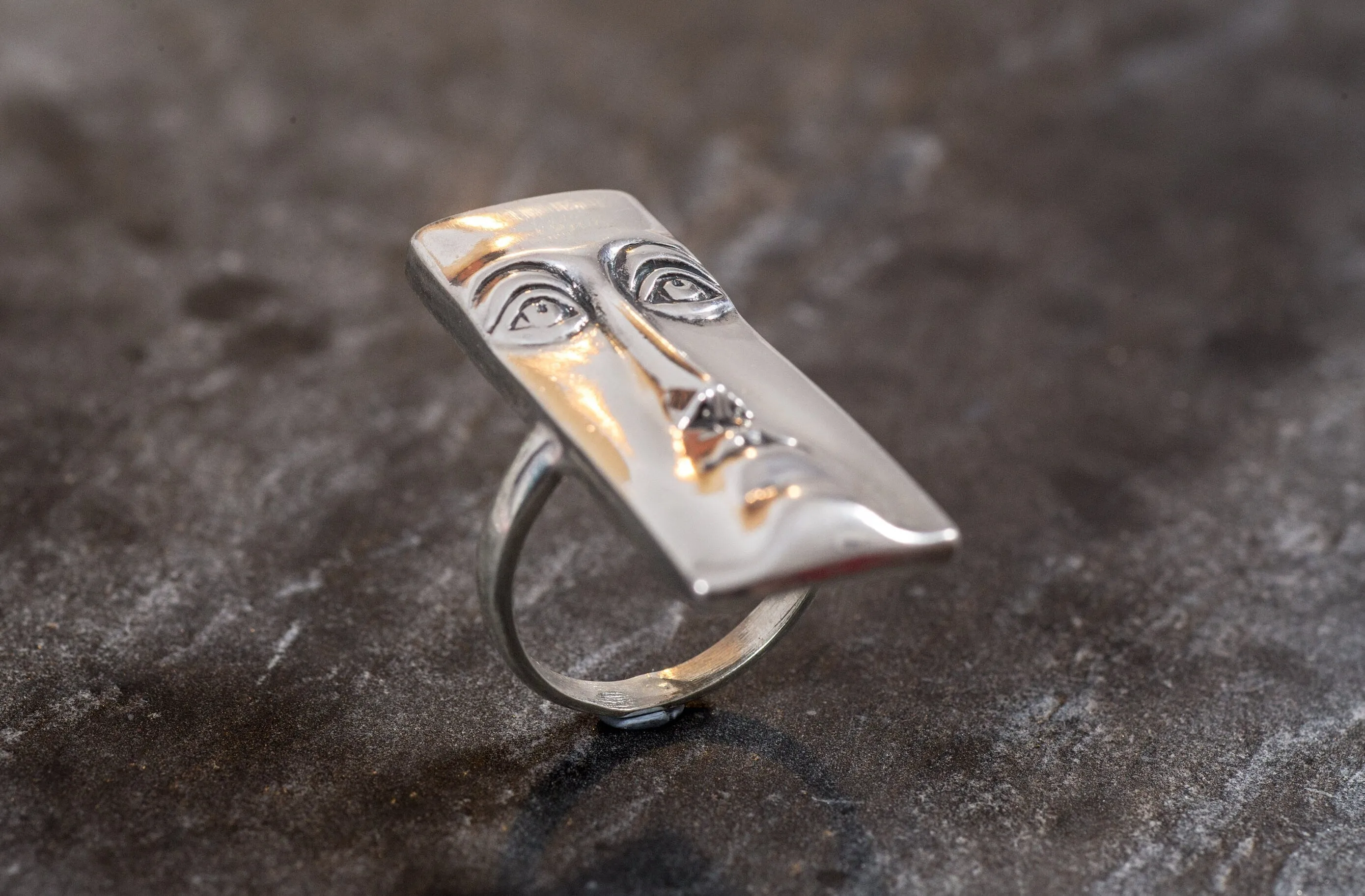 Silver Face Ring - Long Vintage Ring - Rectangle Statement Ring