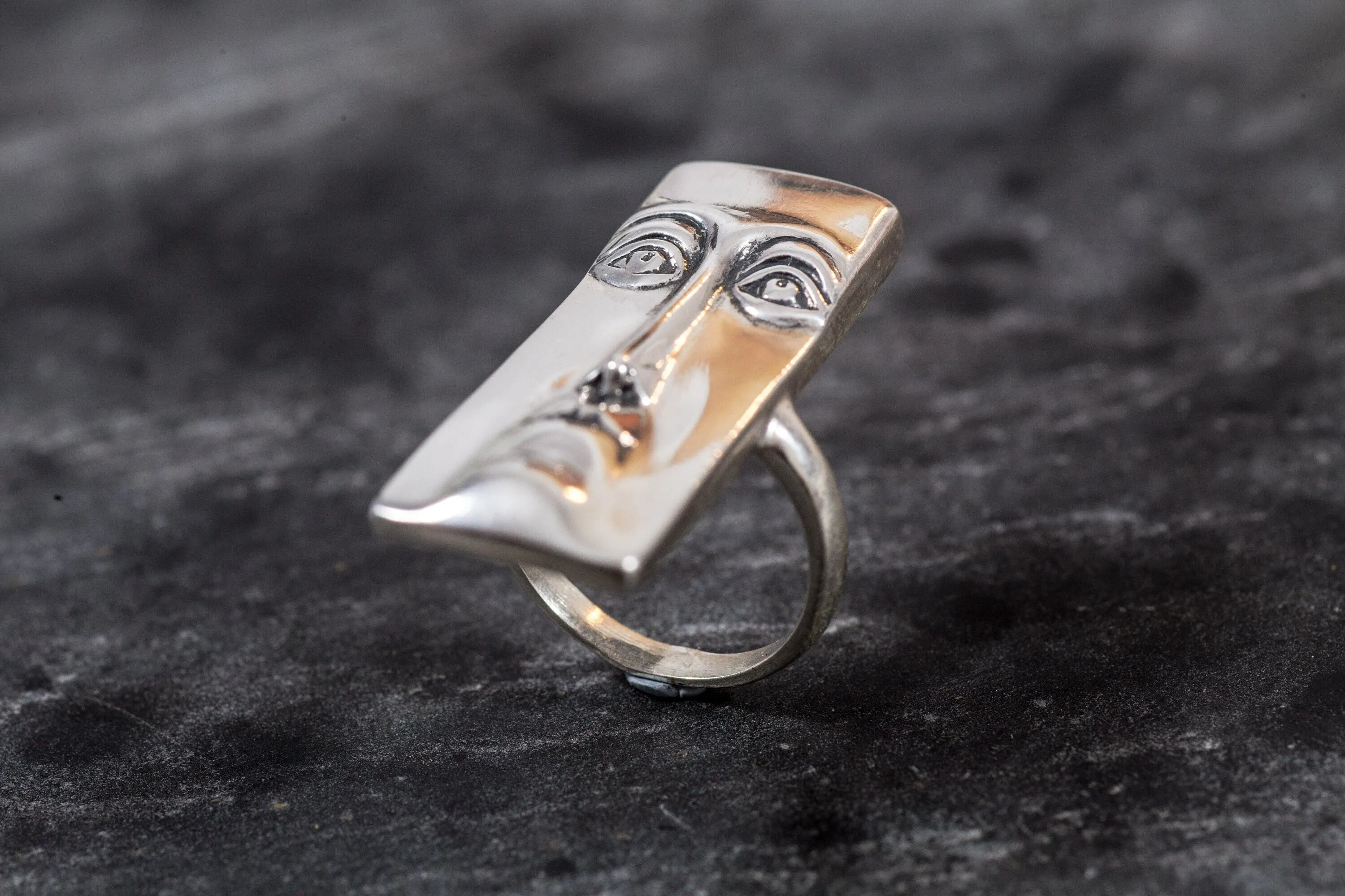 Silver Face Ring - Long Vintage Ring - Rectangle Statement Ring