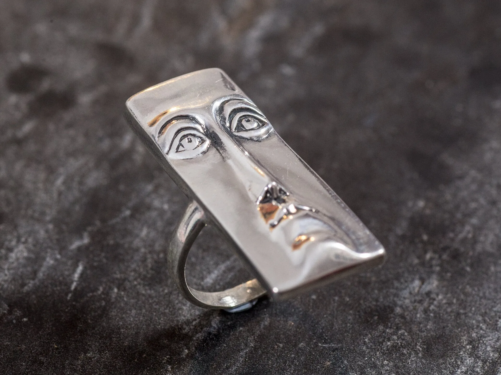 Silver Face Ring - Long Vintage Ring - Rectangle Statement Ring