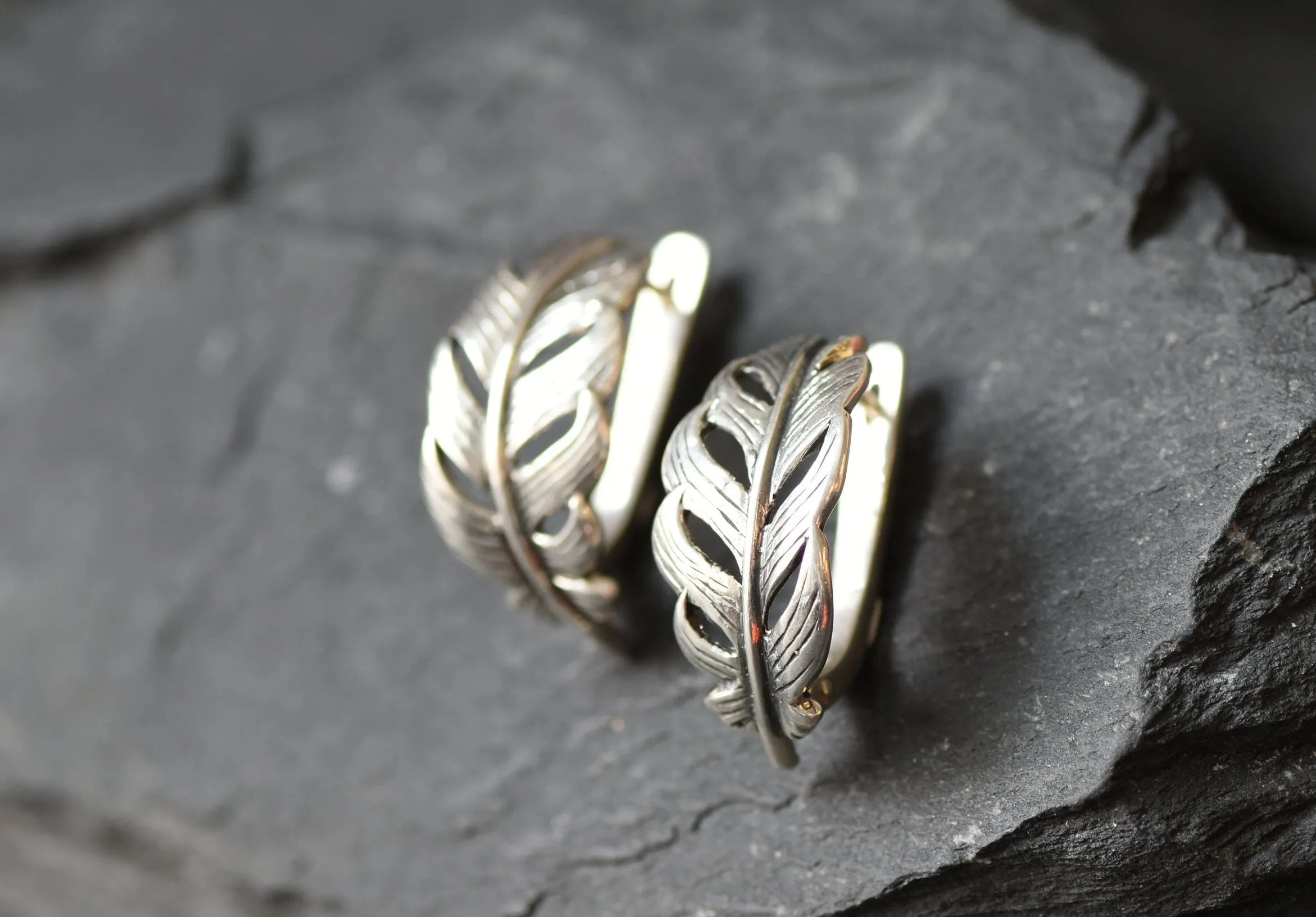 Silver Feather Earrings - Curved Feather Earrings - Silver Leaf Earrings