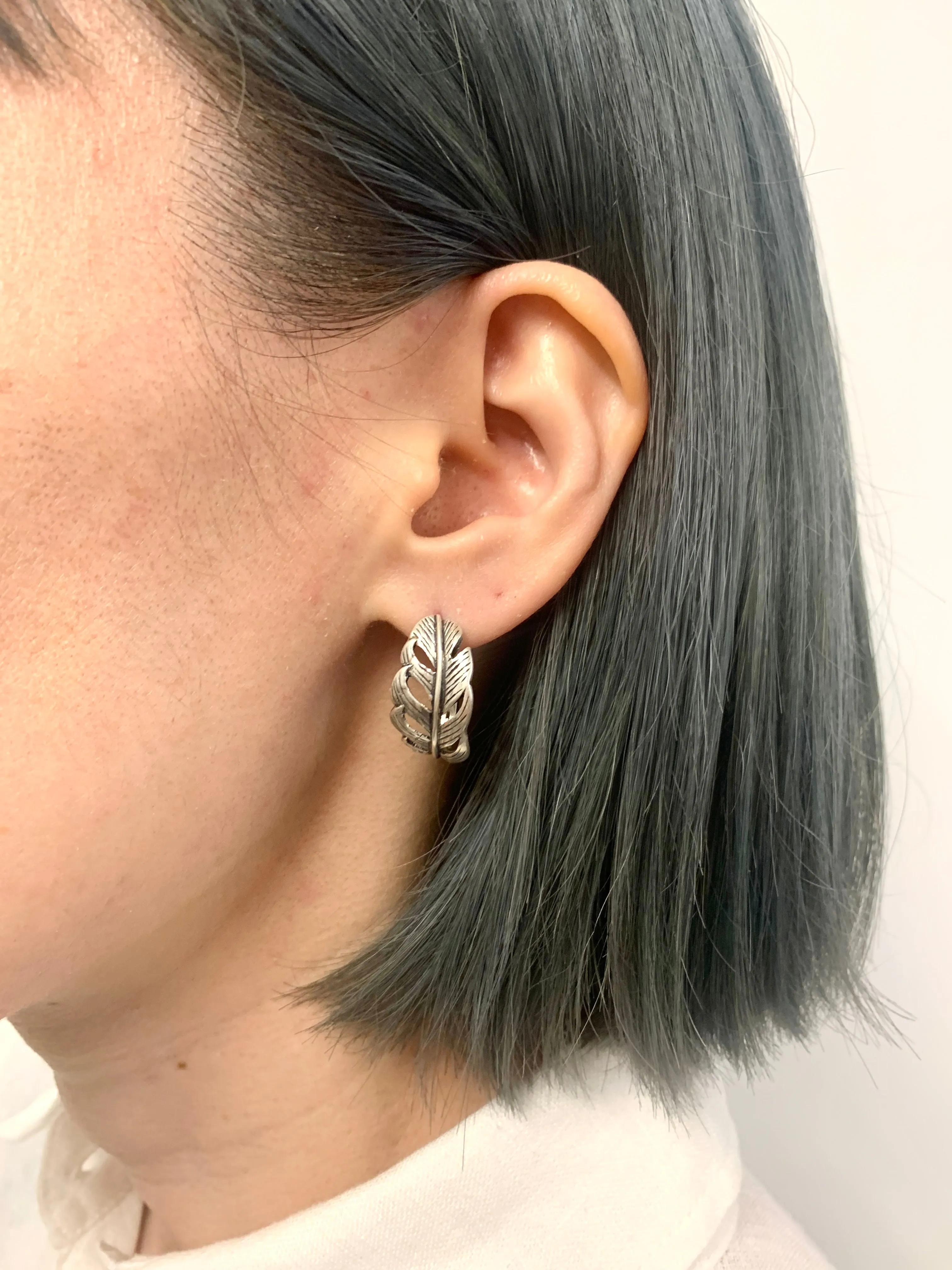 Silver Feather Earrings - Curved Feather Earrings - Silver Leaf Earrings