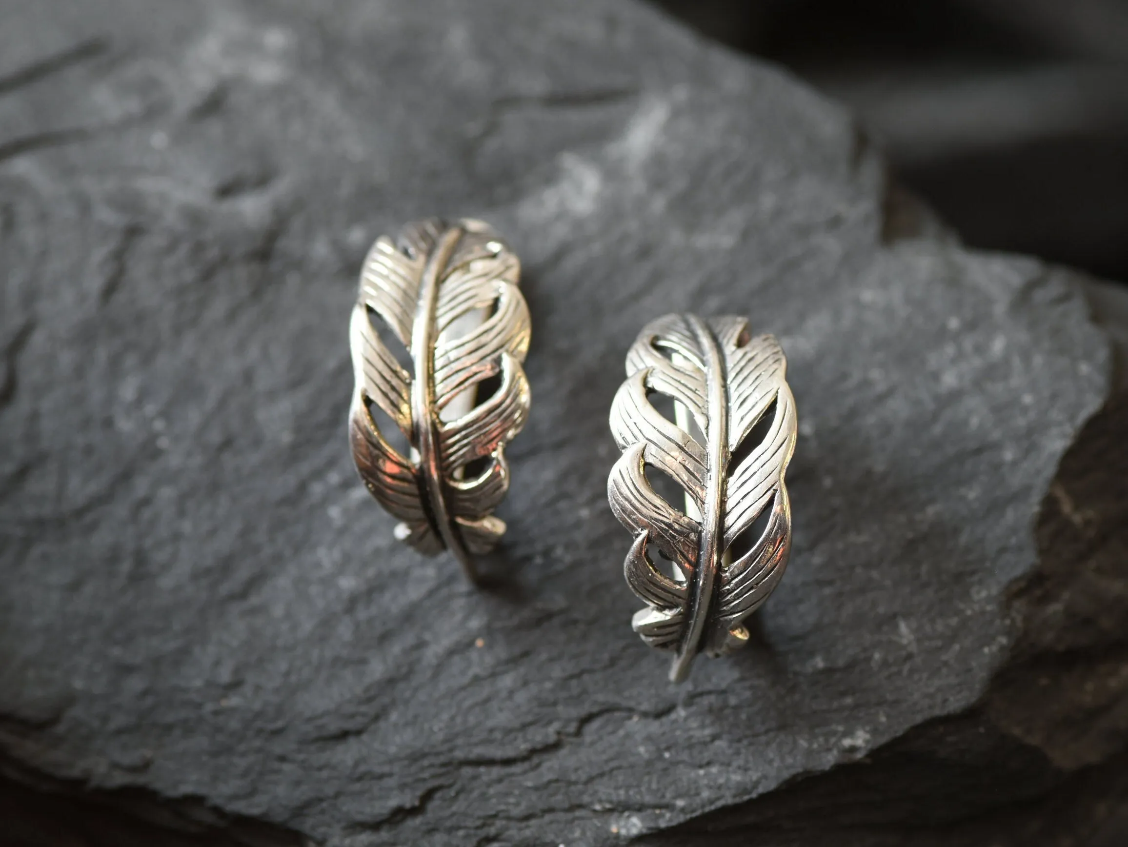 Silver Feather Earrings - Curved Feather Earrings - Silver Leaf Earrings