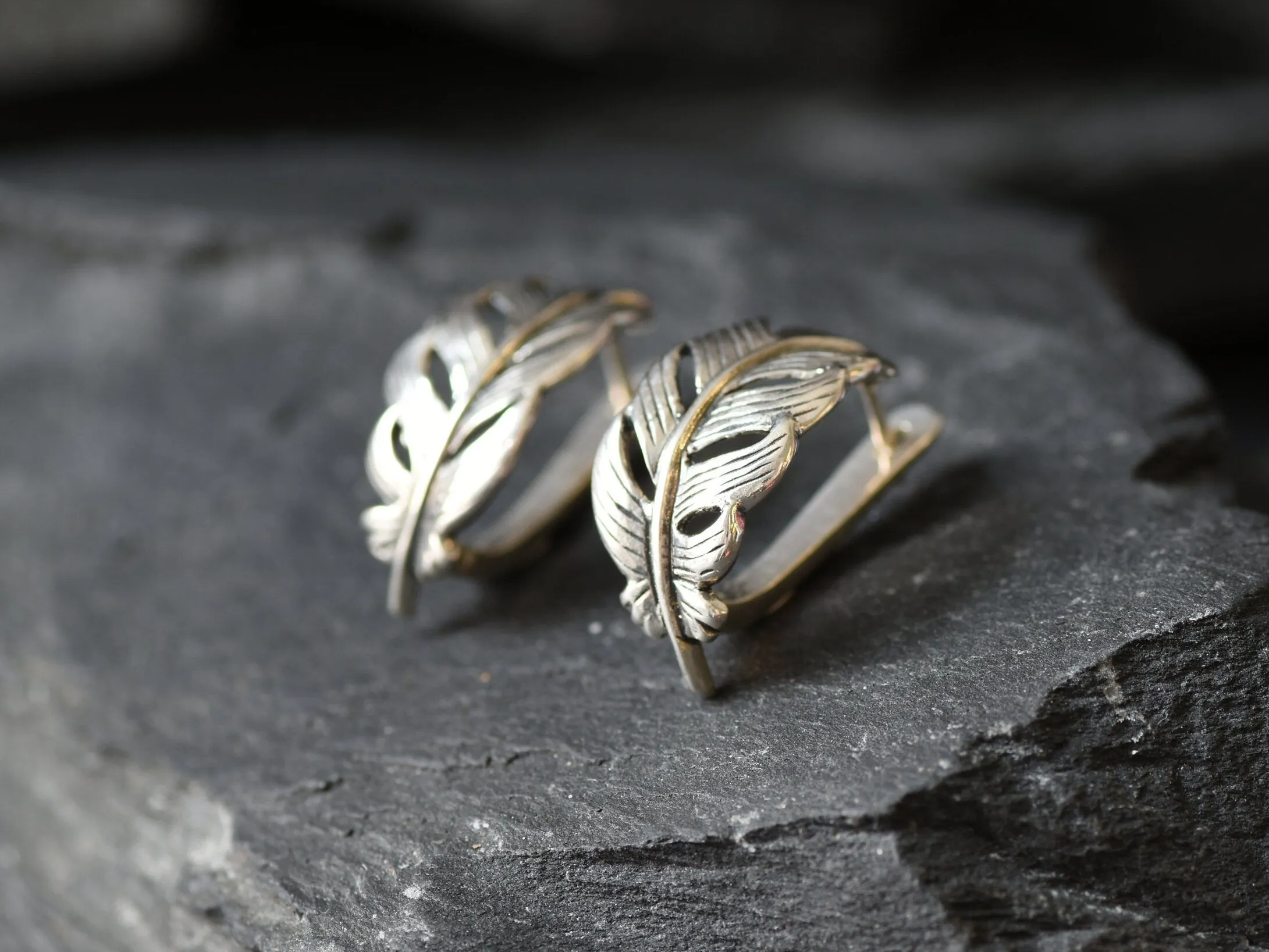 Silver Feather Earrings - Curved Feather Earrings - Silver Leaf Earrings