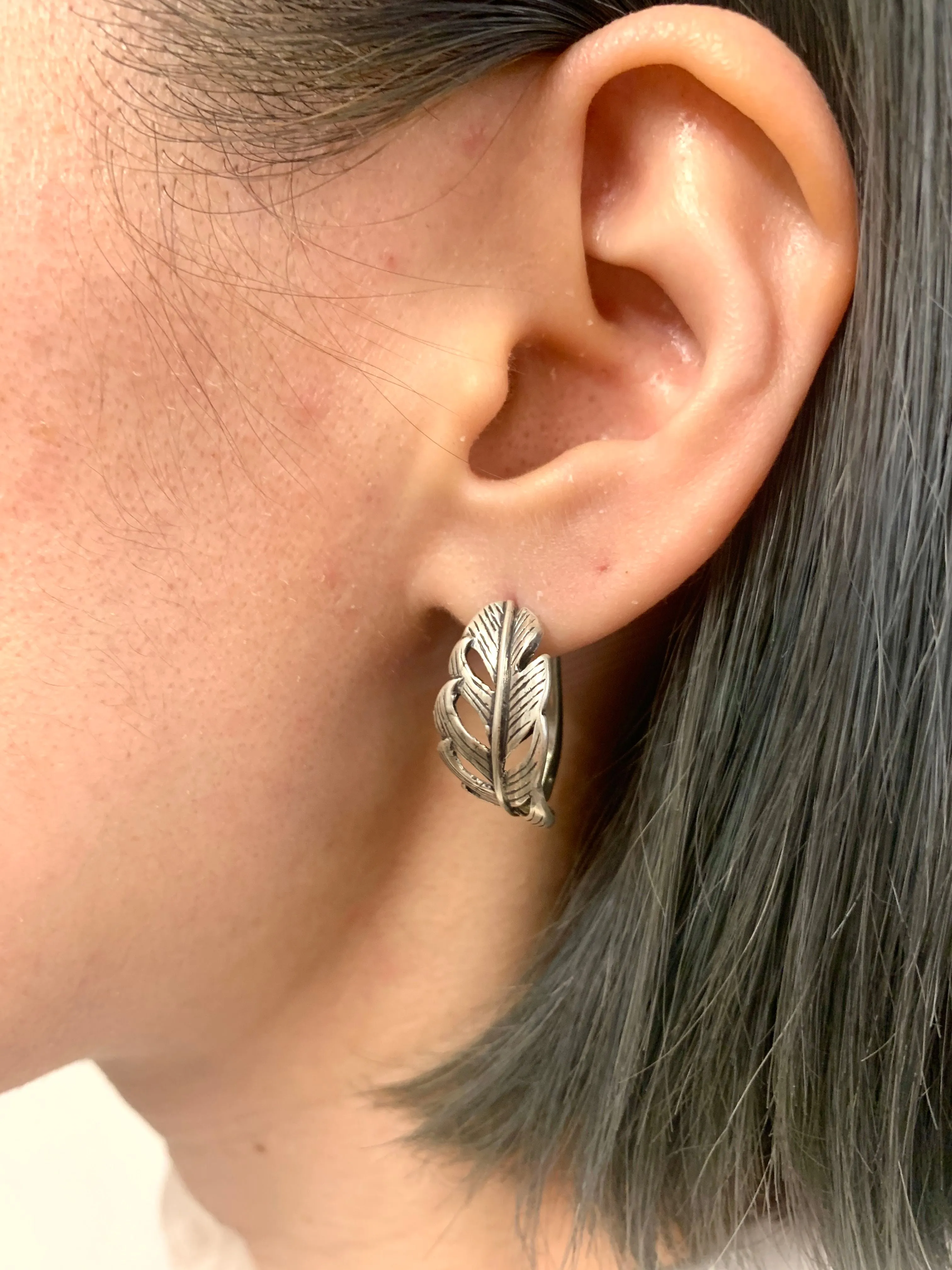 Silver Feather Earrings - Curved Feather Earrings - Silver Leaf Earrings