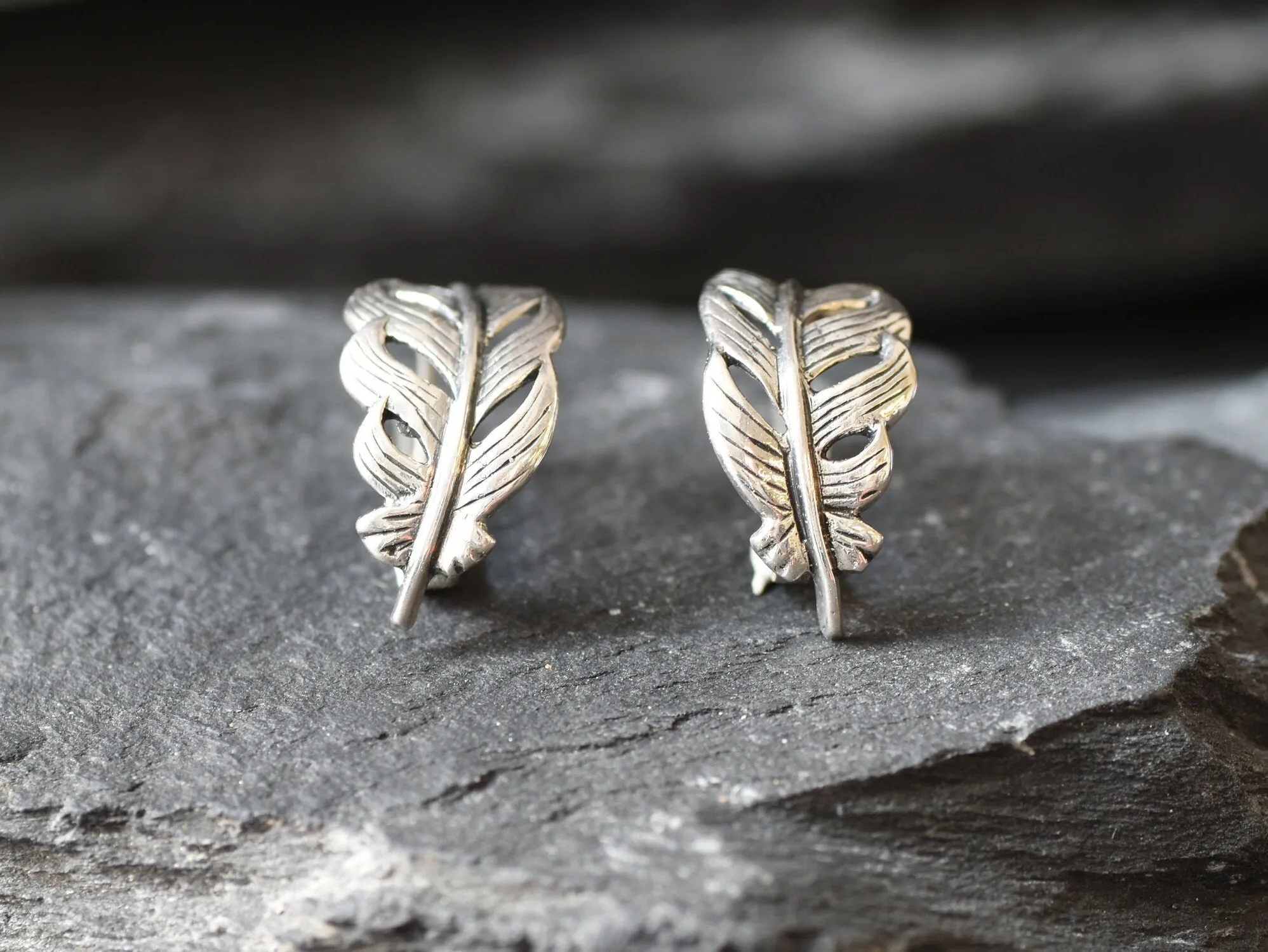 Silver Feather Earrings - Curved Feather Earrings - Silver Leaf Earrings