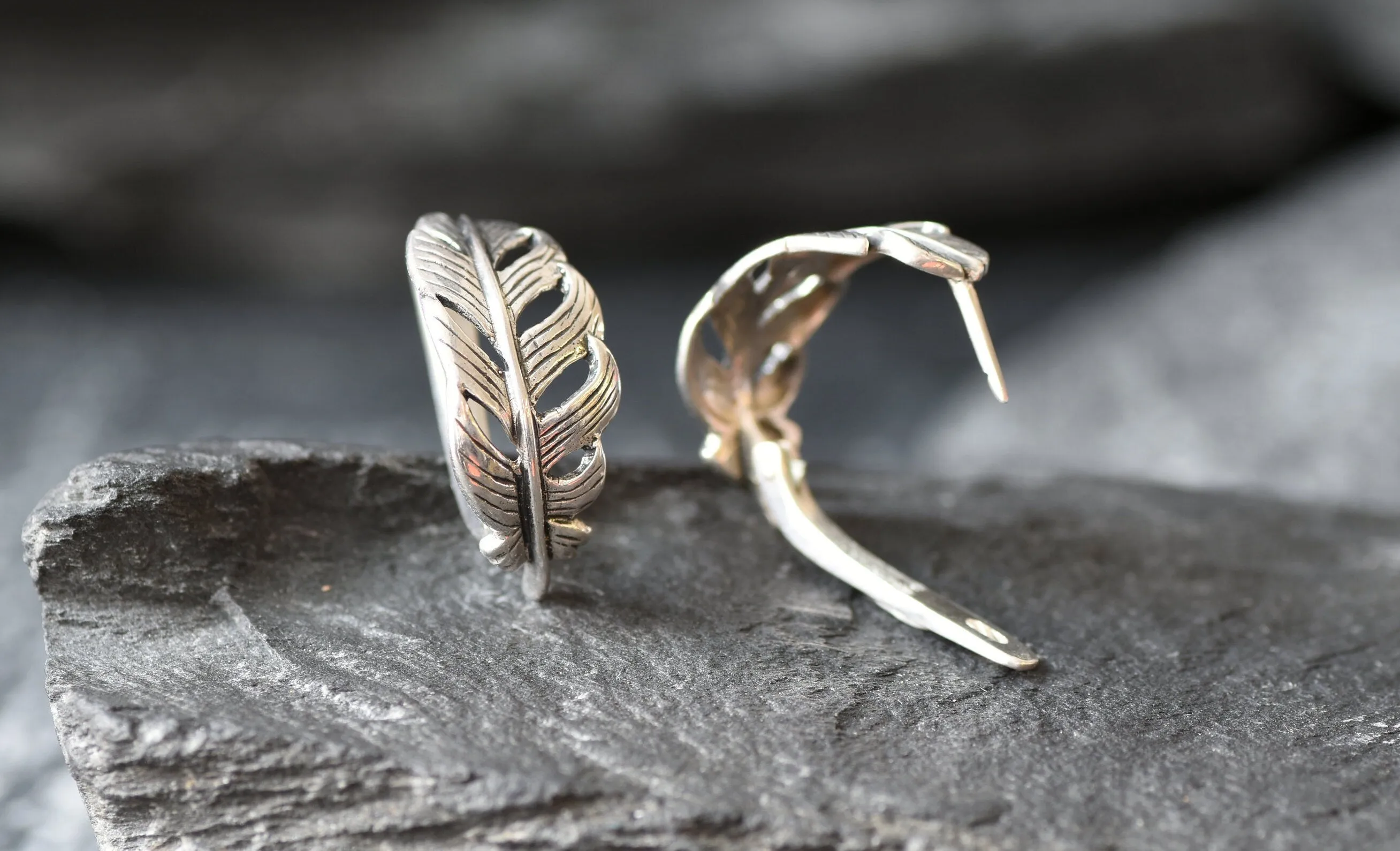 Silver Feather Earrings - Curved Feather Earrings - Silver Leaf Earrings