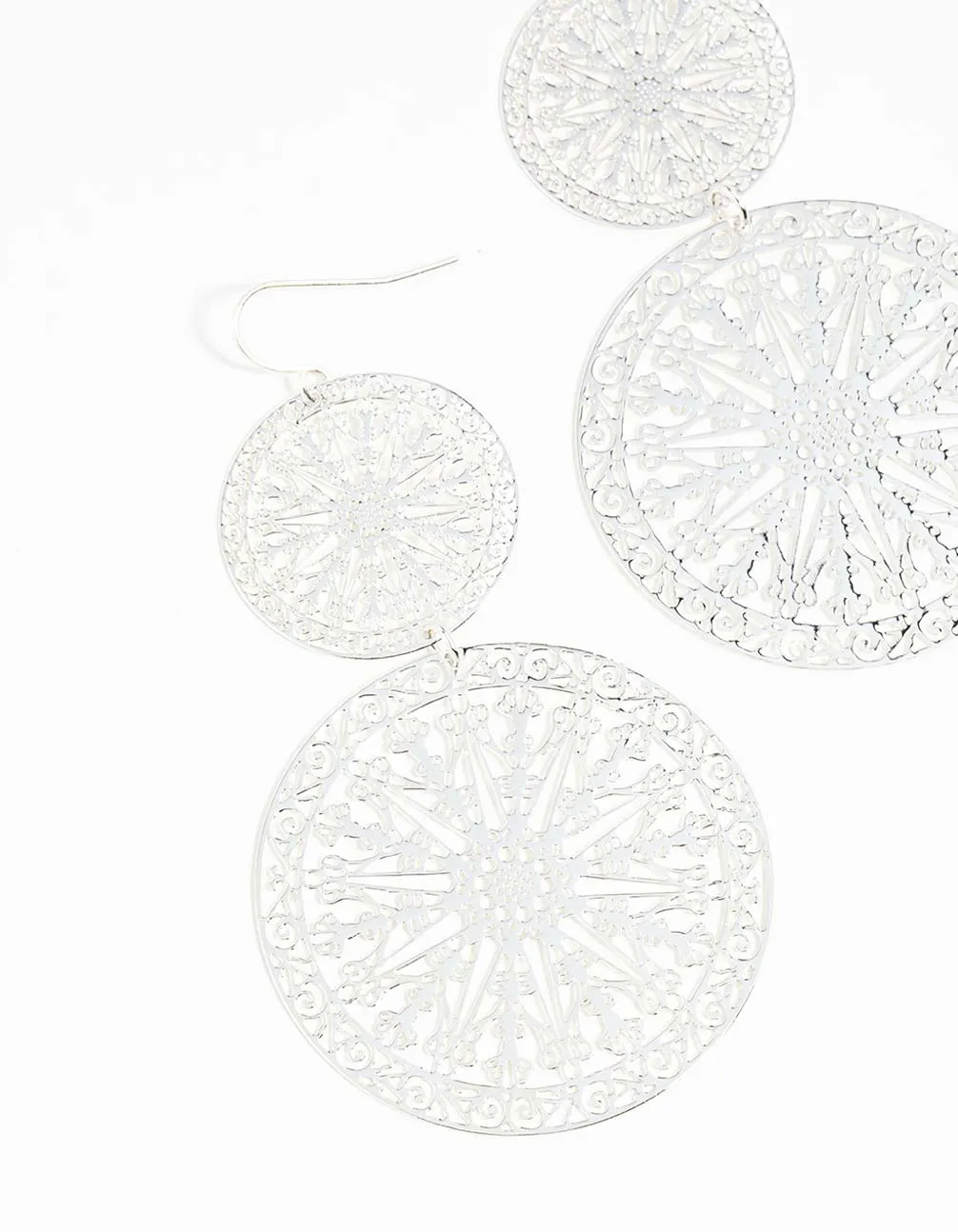 Silver Filigree Statement Disc Drop Earrings