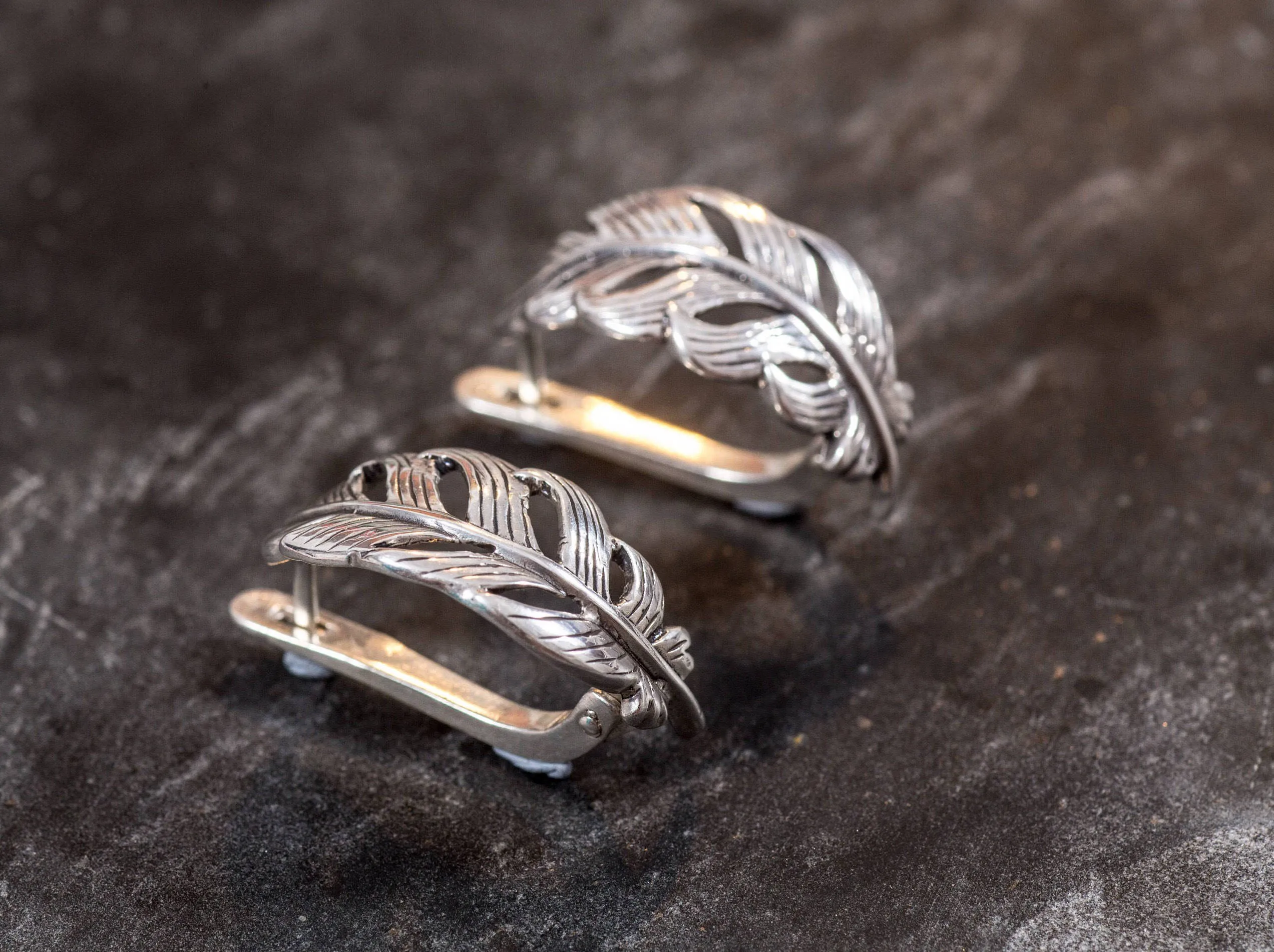 Silver Leaf Earrings - Feathers Earrings - Silver Artistic Studs