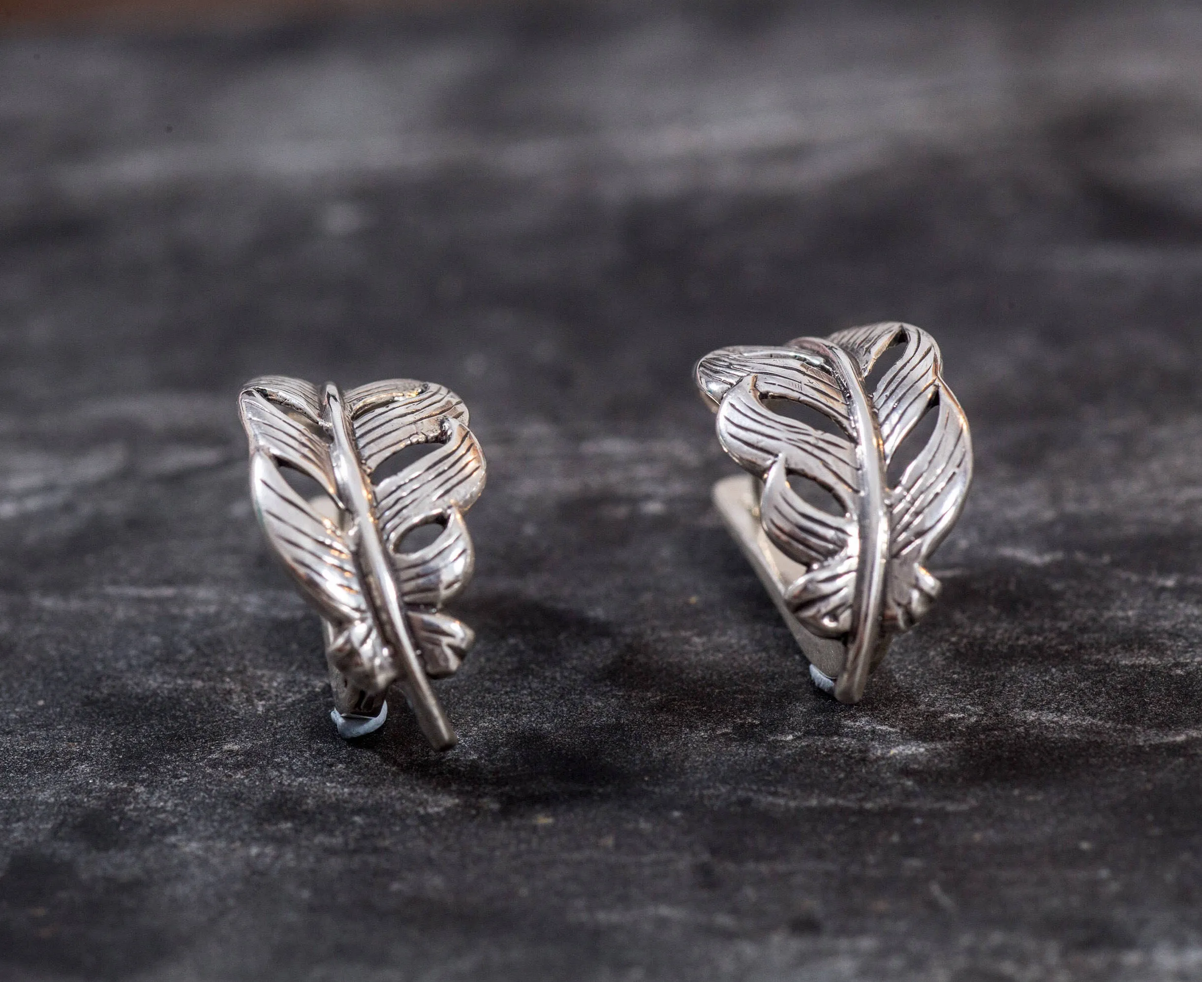 Silver Leaf Earrings - Feathers Earrings - Silver Artistic Studs