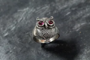 Silver Owl Ring - Natural Garnet Ring - Statement Owl Ring