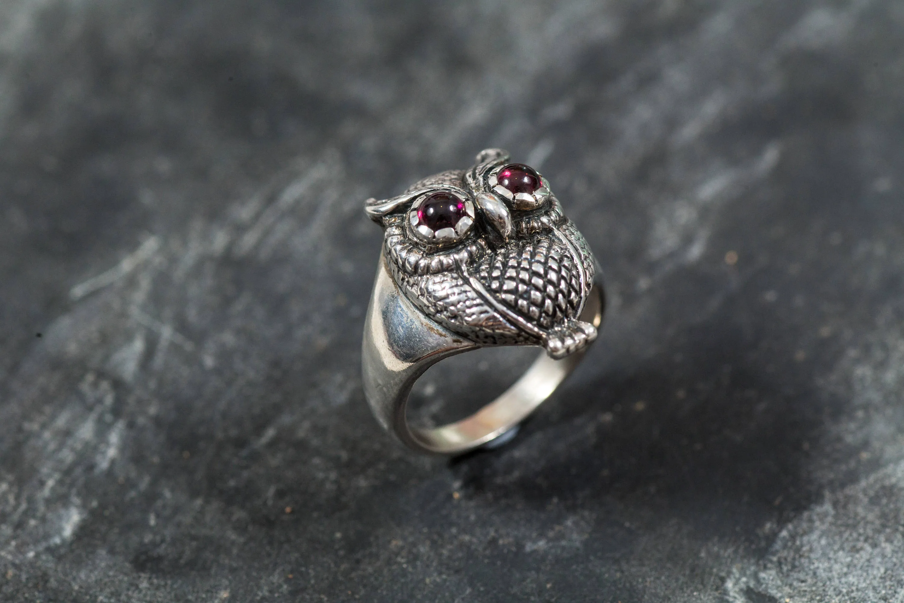 Silver Owl Ring - Natural Garnet Ring - Statement Owl Ring